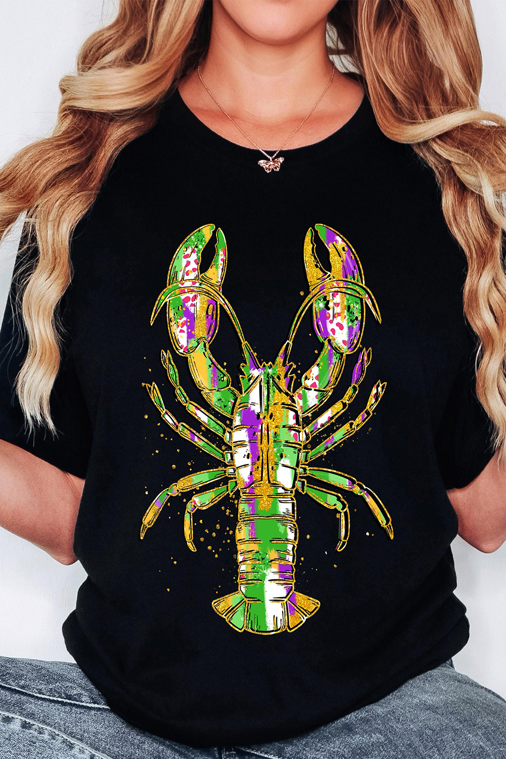 Black Mardi Gras Lobster Heat Transfer Graphic T Shirt - loveforevers