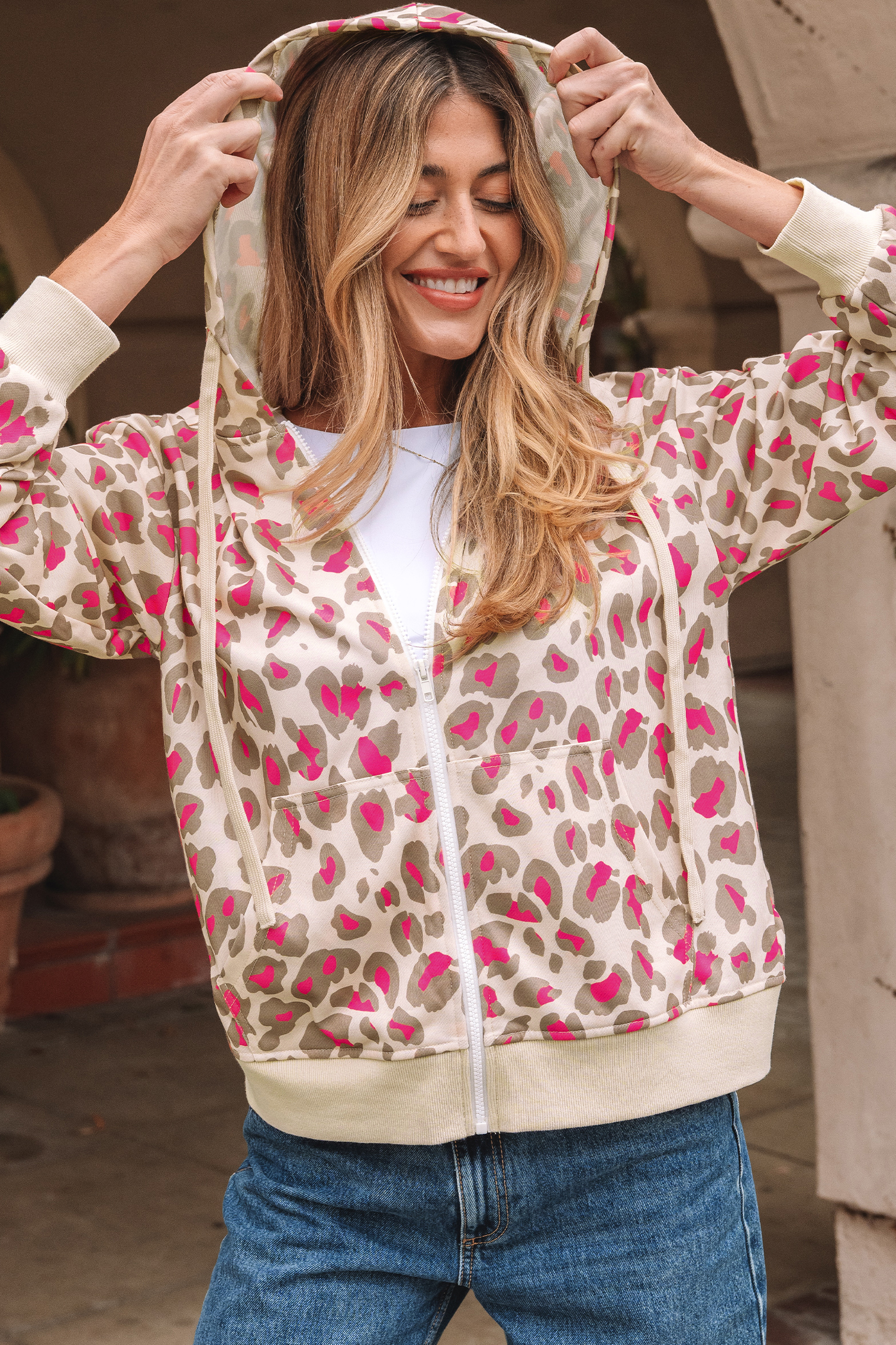 Rose Leopard Print Zip-up Hooded Sweatshirt - loveforevers