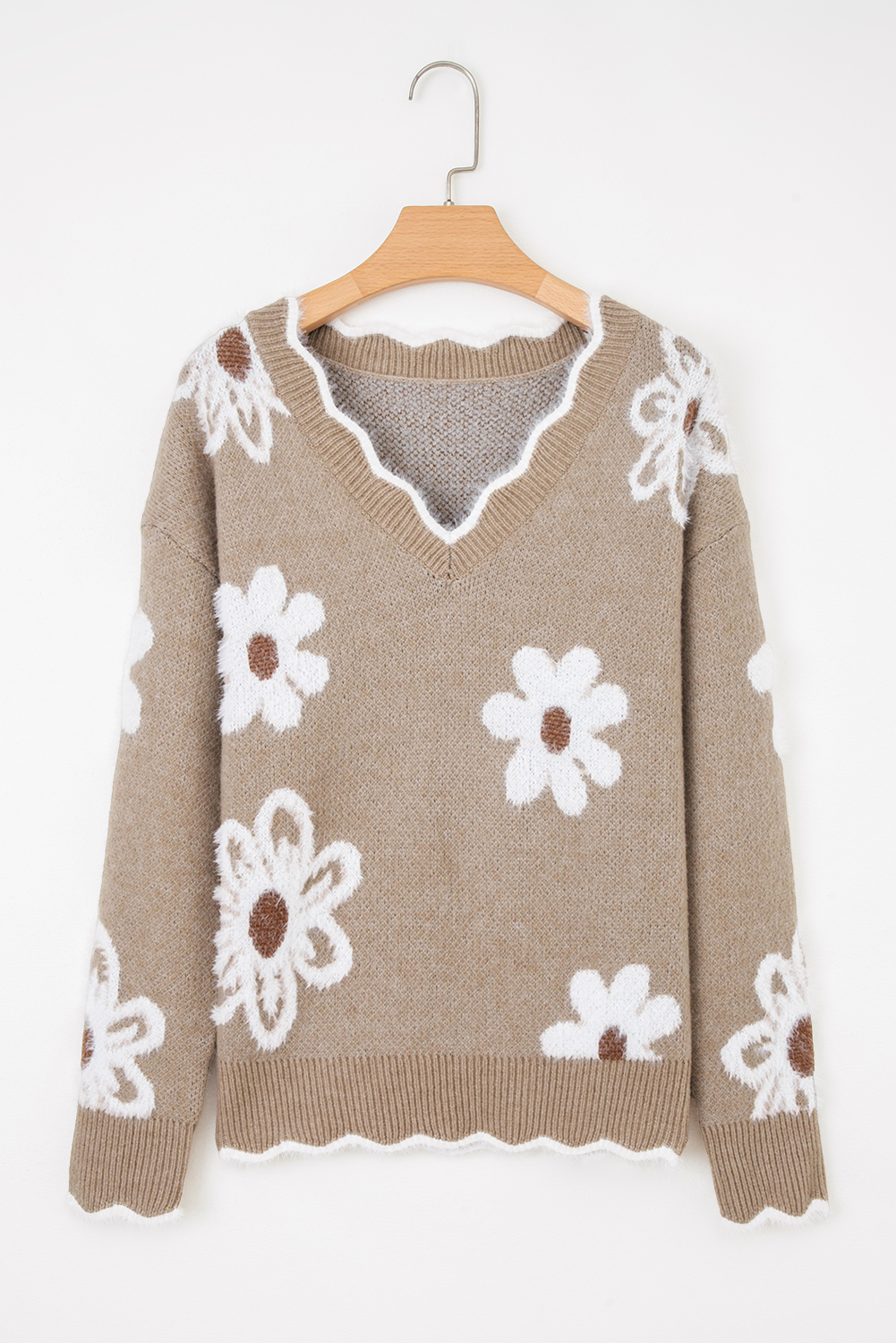 Smoke Gray Plush Flower Pattern Scalloped Trim V Neck Sweater - loveforevers