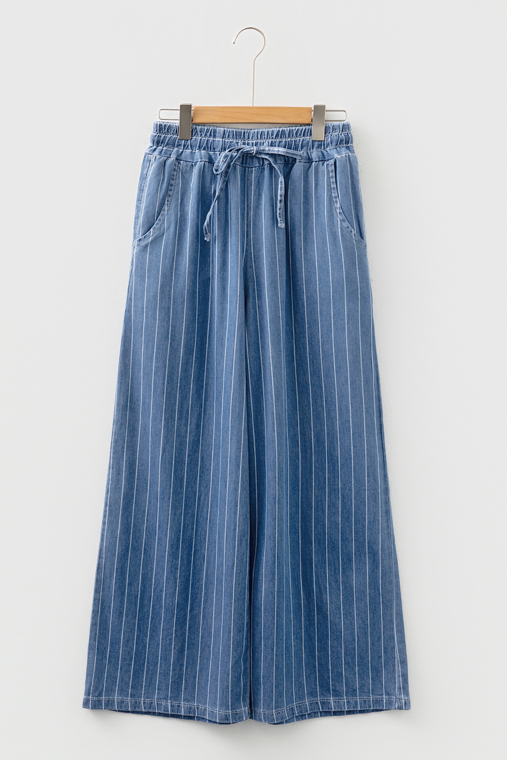 Blue Stripe Chambray Wide Leg Tied Elastic Waist Trousers - loveforevers