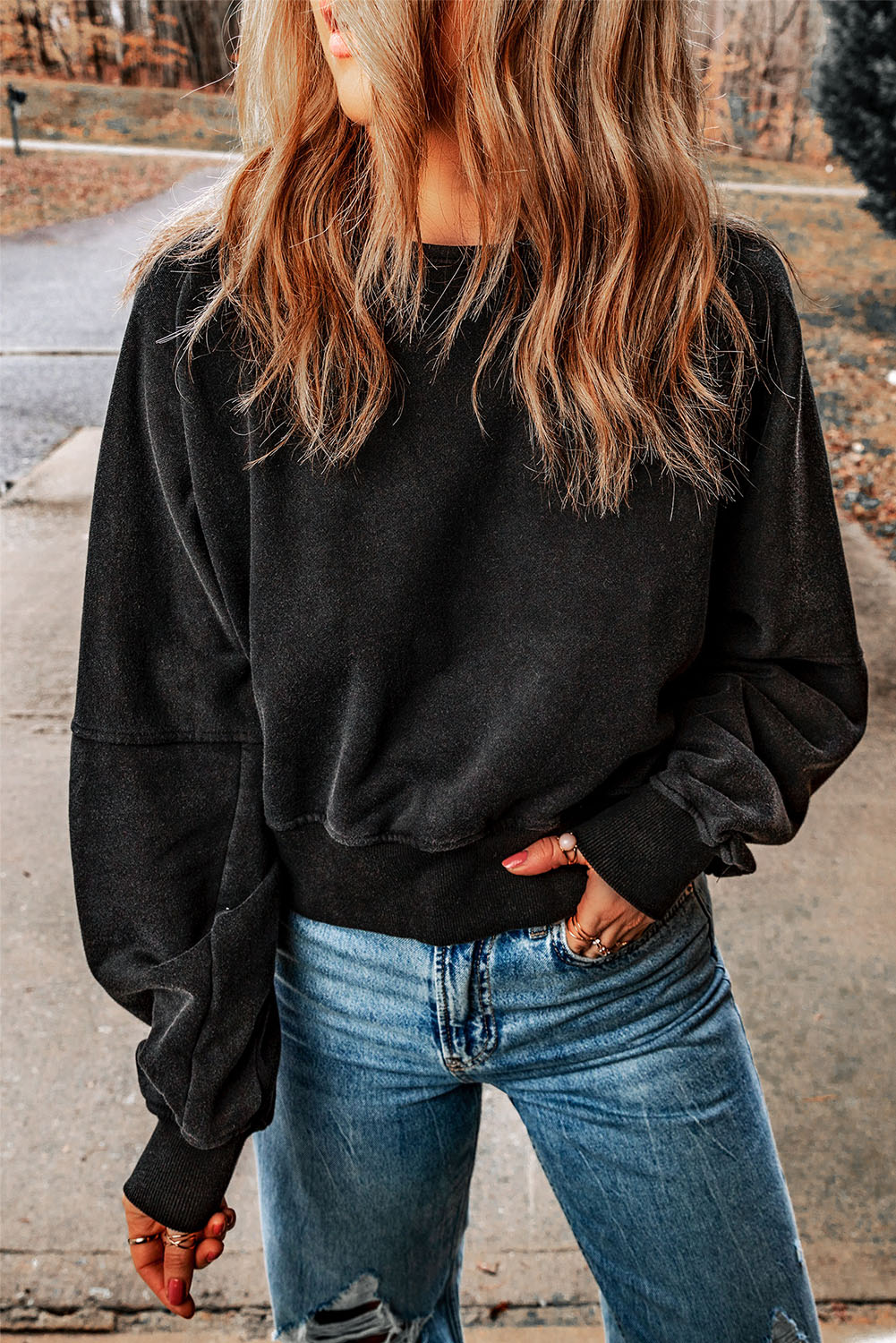 Black Acid Wash V-shape Open Back Sweatshirt - loveforevers