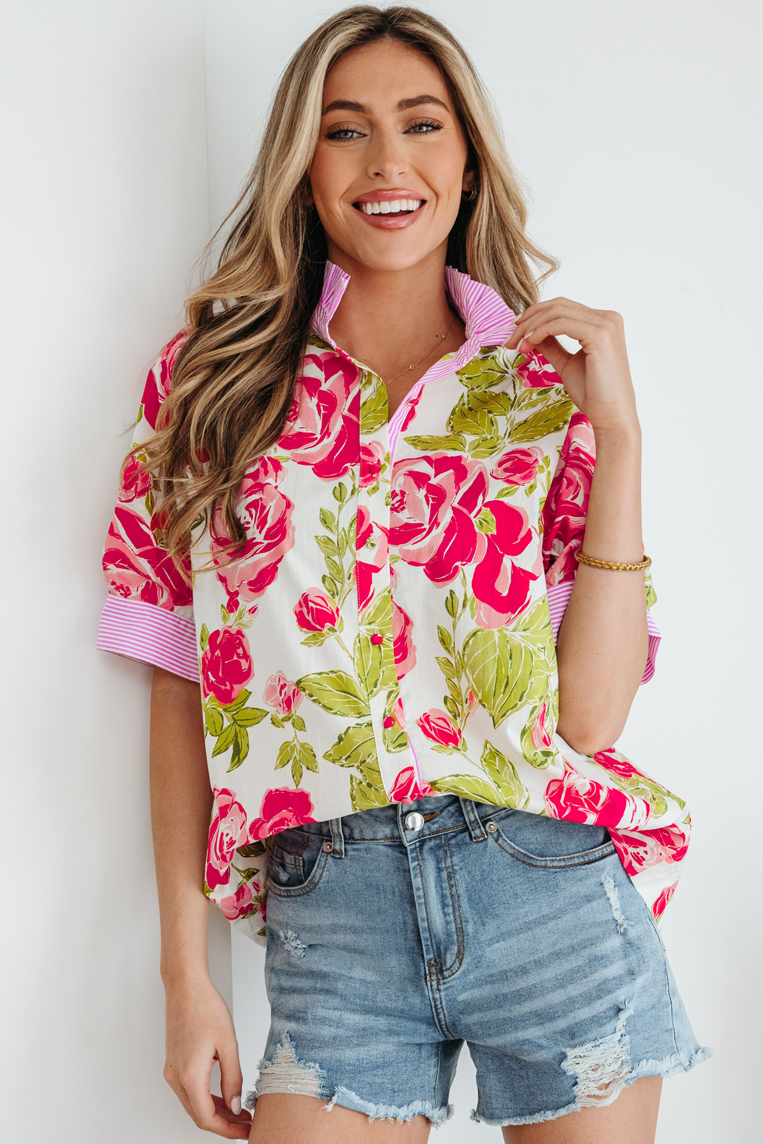 Pink Flower Print Striped Trim Frilled Collar Short Sleeve Shirt - loveforevers
