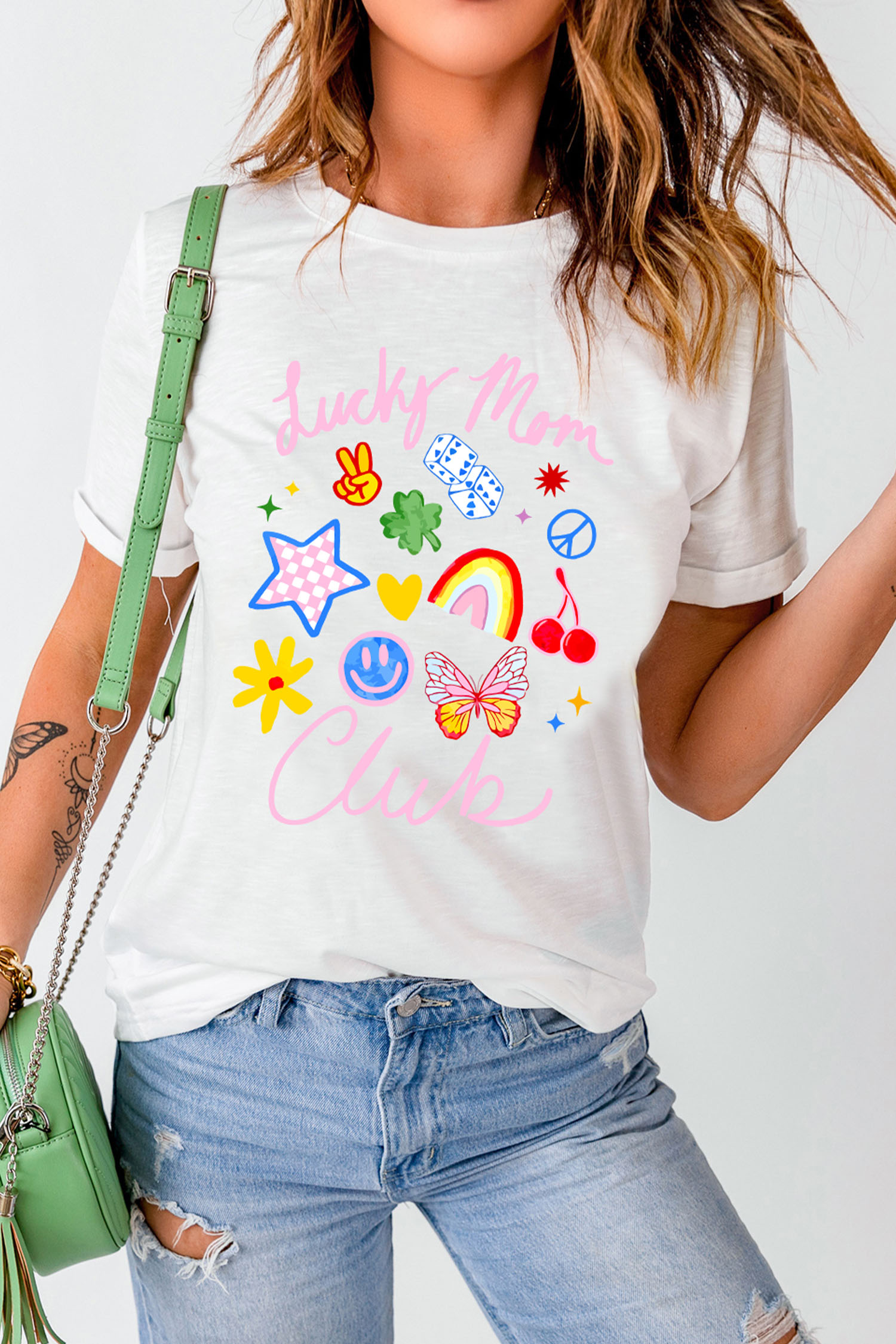 White Lucky Mom Club Vibrant Printed Casual T Shirt - loveforevers