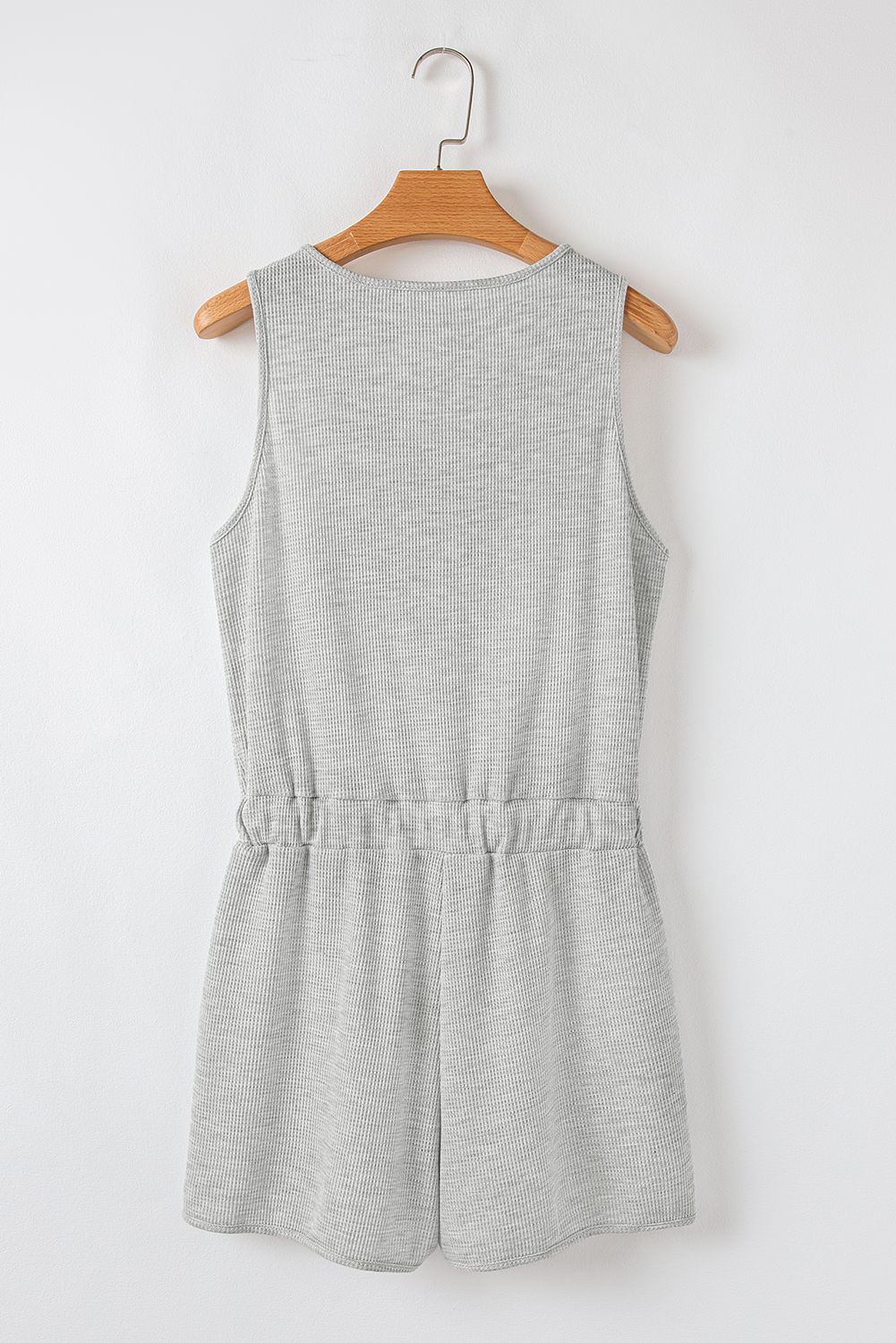 Light Grey Waffle Knit Sleeveless Buttoned Front Drawstring Elastic Waistband Romper - loveforevers