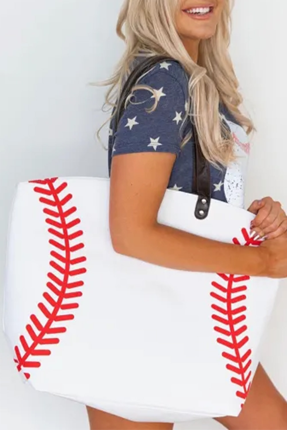 White Baseball Pattern Canvas Large Tote Bag - loveforevers