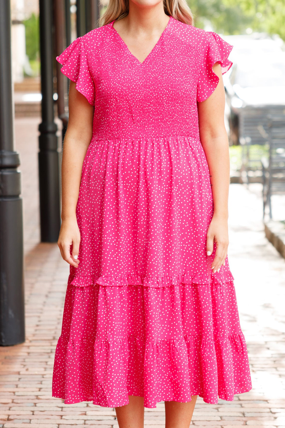 Rose Polka Dot Print Ruffled Smocked High Waist Plus Midi Dress - loveforevers