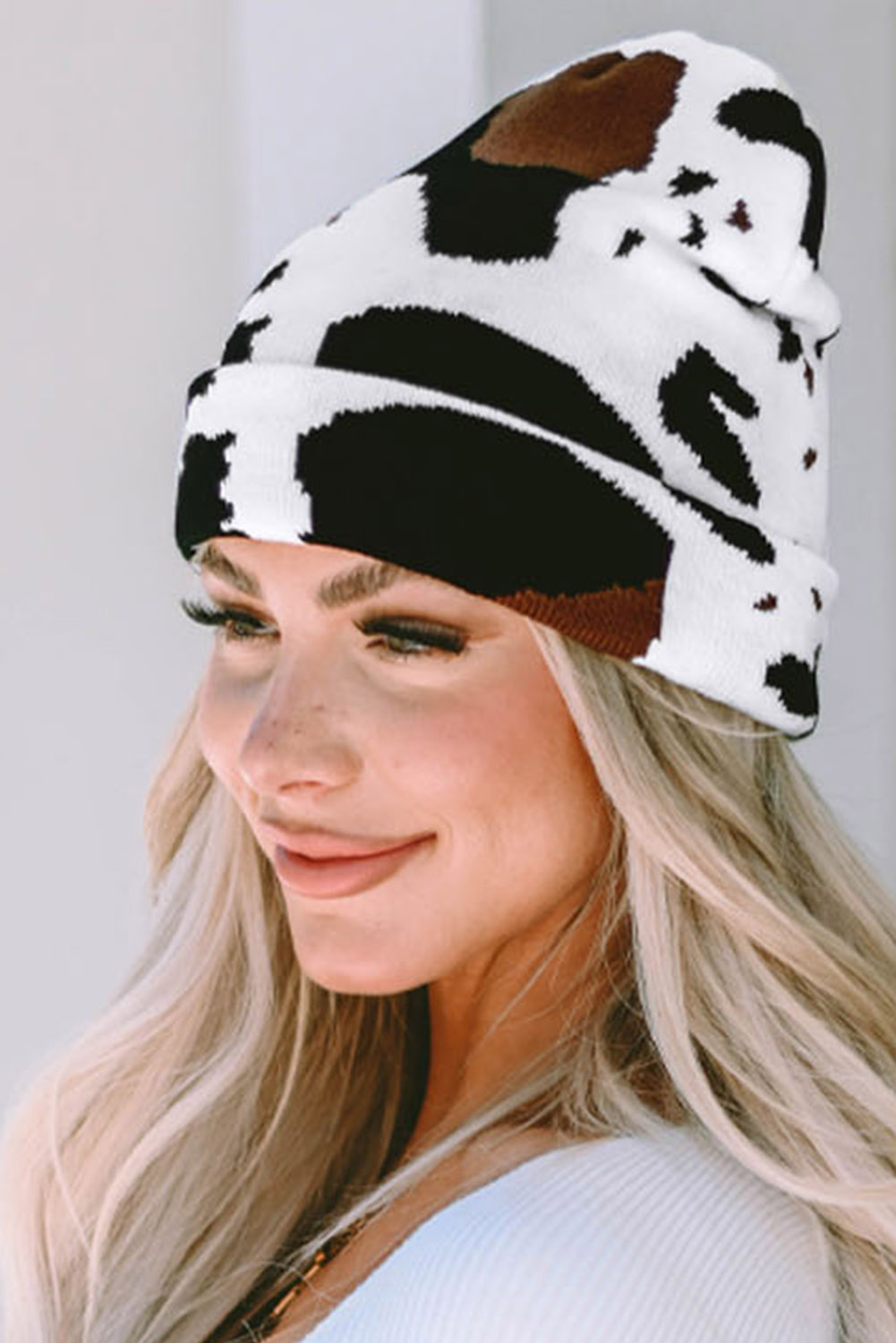Black Cow Spots Printed Warm Beanie Hat - loveforevers