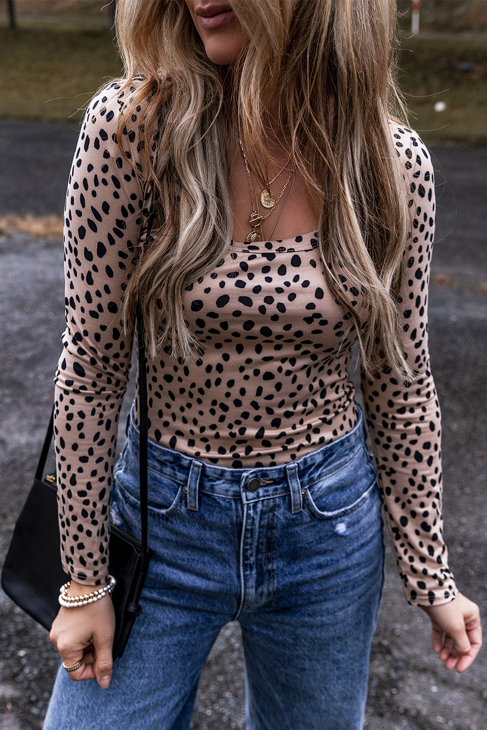 Smoke Gray Leopard Print Long Sleeve Scoop Neck Slim Fit Bodysuit - loveforevers
