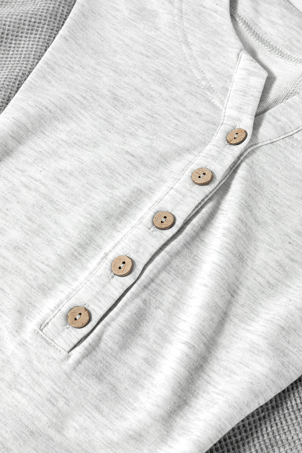 Dearlovers Light Grey Two Tone Contrast Waffle Knit Patched Buttoned V Neck Top - loveforevers