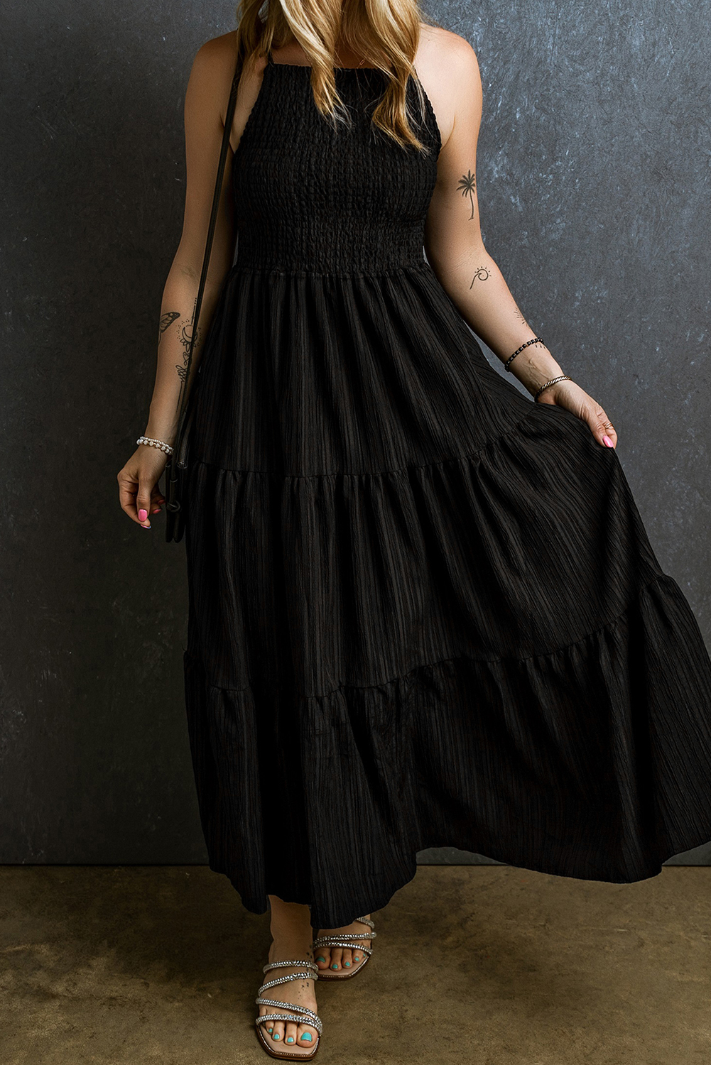 Black Spaghetti Straps Smocked Pleated Tiered Maxi Dress - loveforevers