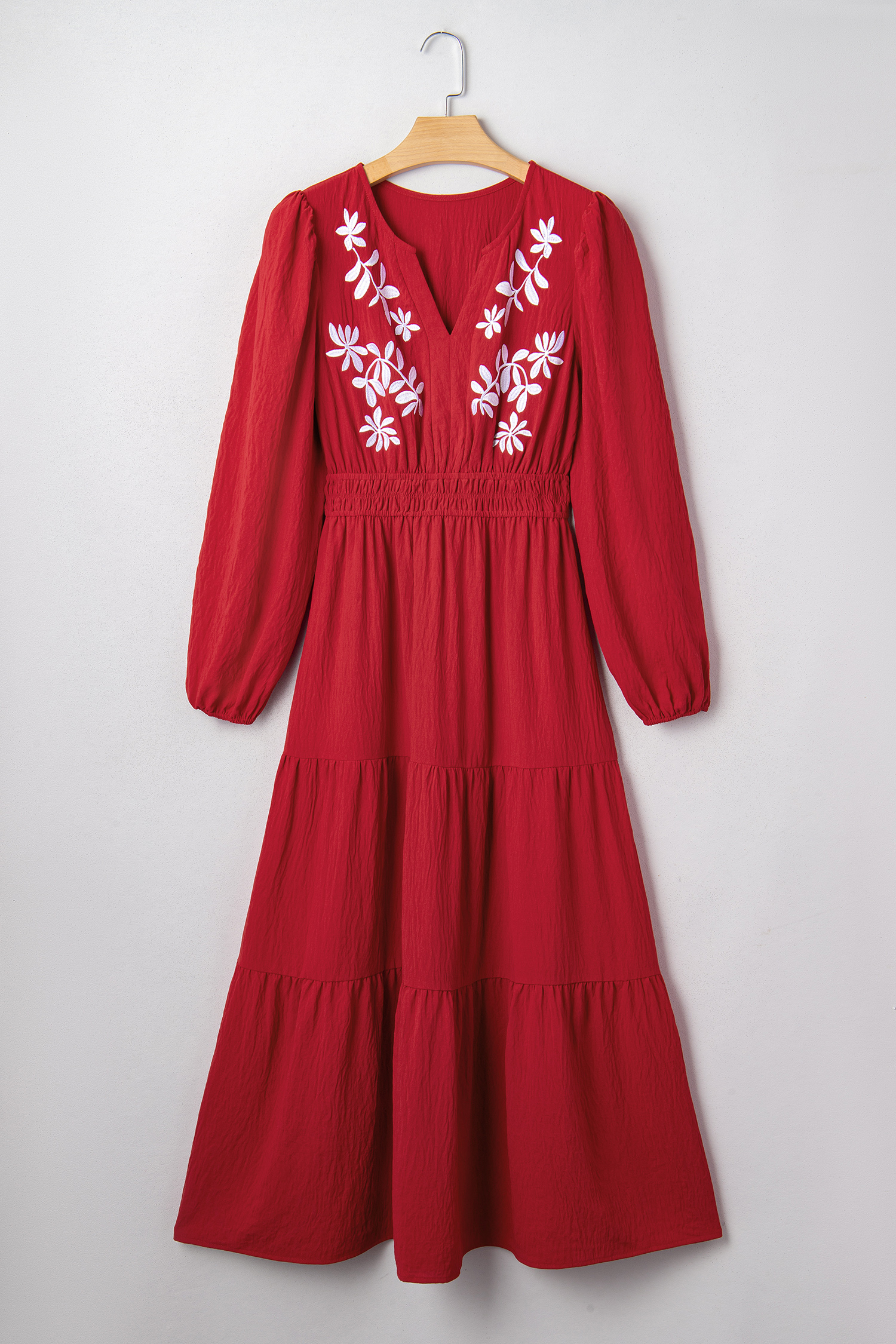 Racing Red Contrast Embroidered Detail Cinched Waist Tiered Long Sleeve Maxi Dress - loveforevers