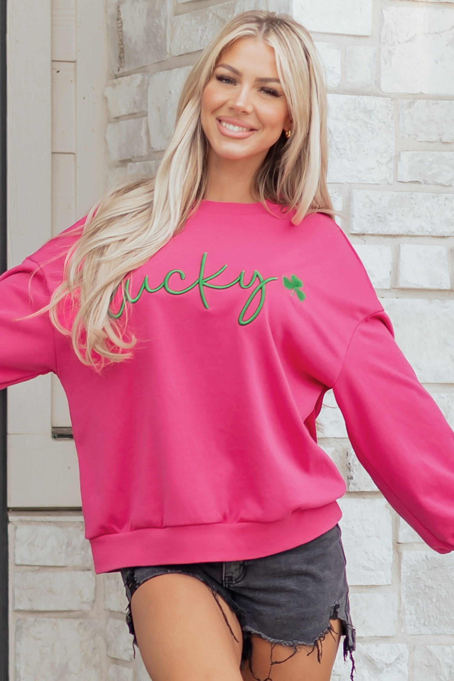 Rose Red Lucky Clover Embroidered Loose Pullover Sweatshirt - loveforevers