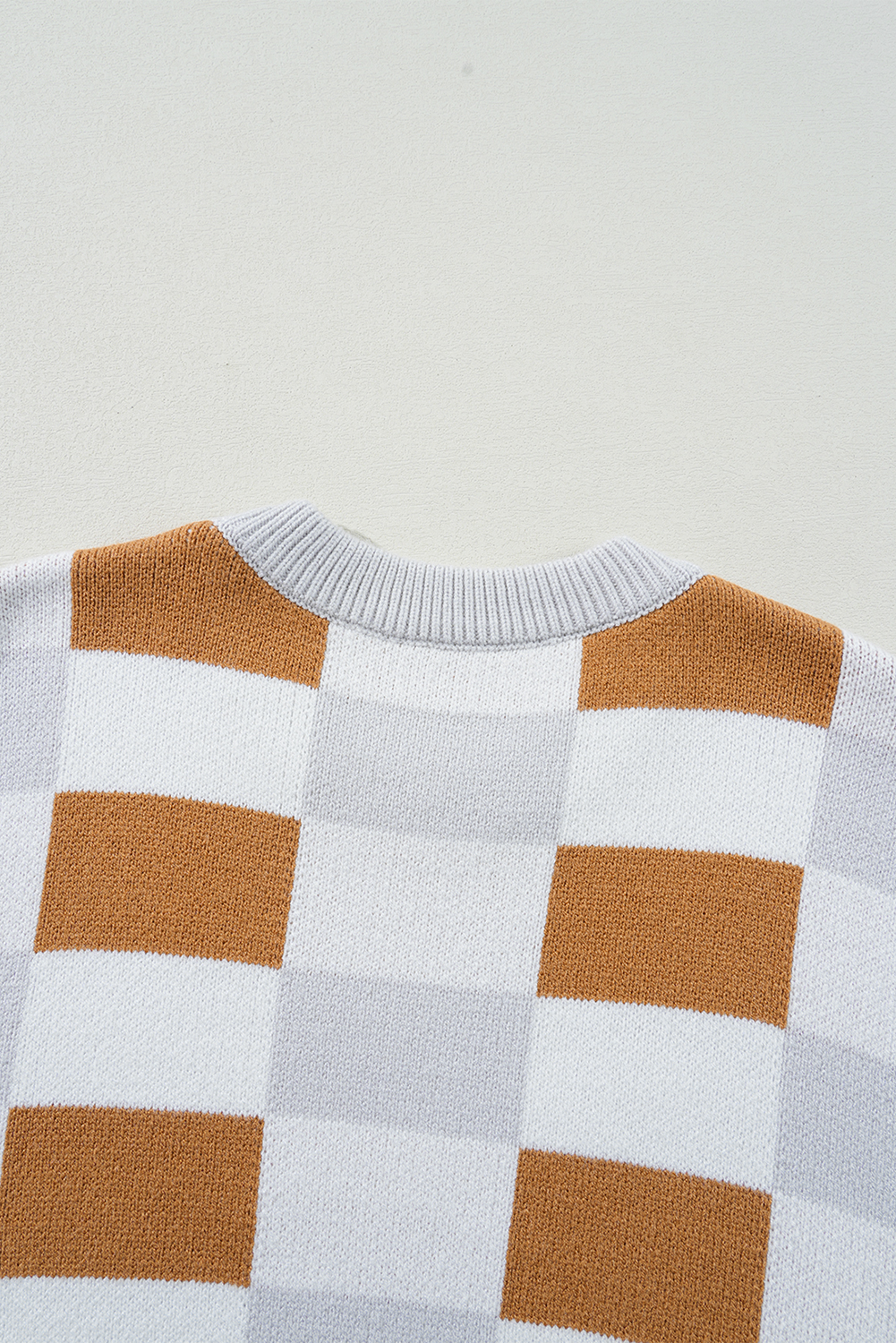Khaki Checkered Ribbed Edge O Neck Drop Shoulder Sweater - loveforevers
