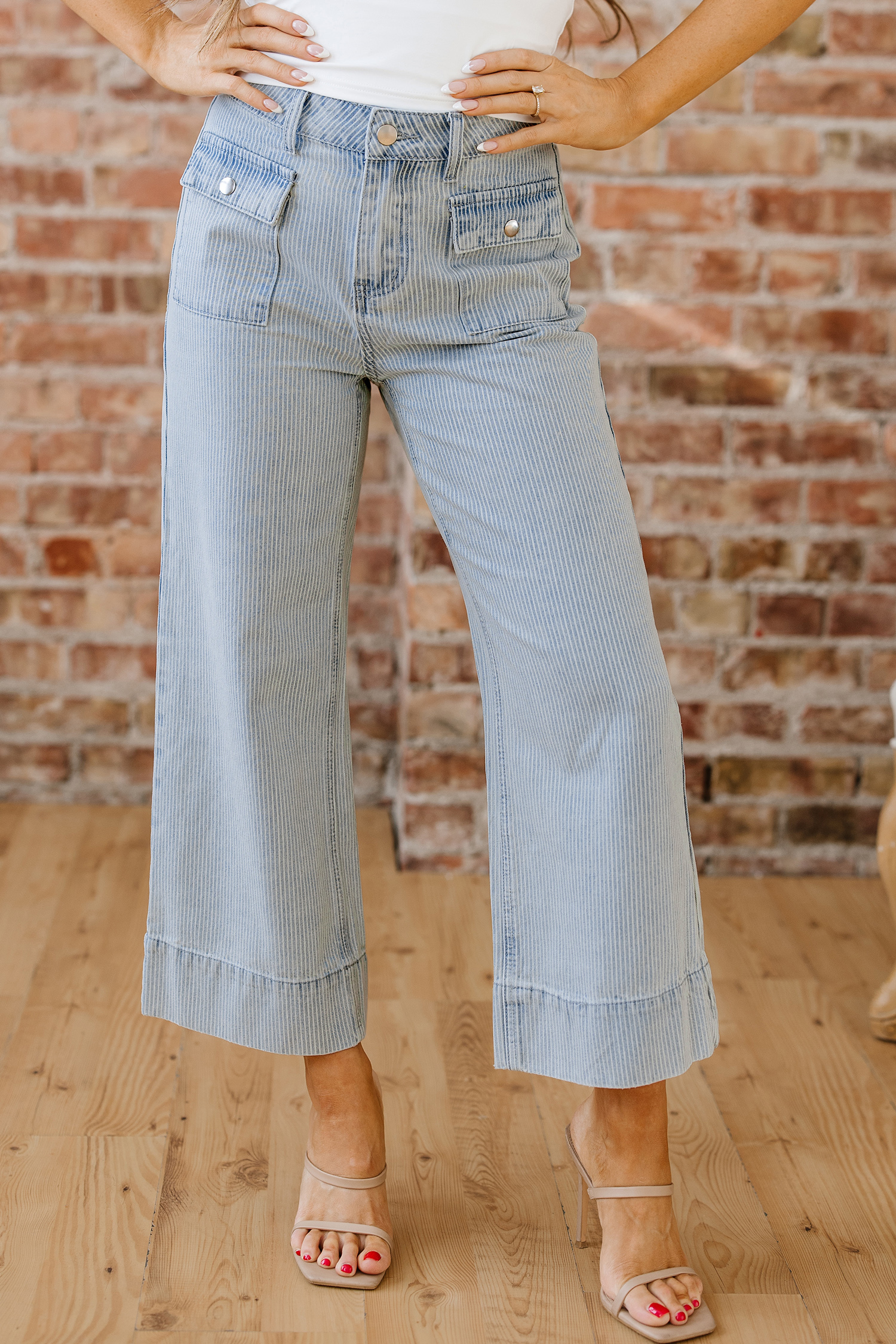 Sky Blue Stripe Button Flap Pocket Cuffed Hem Wide Leg Jeans - loveforevers