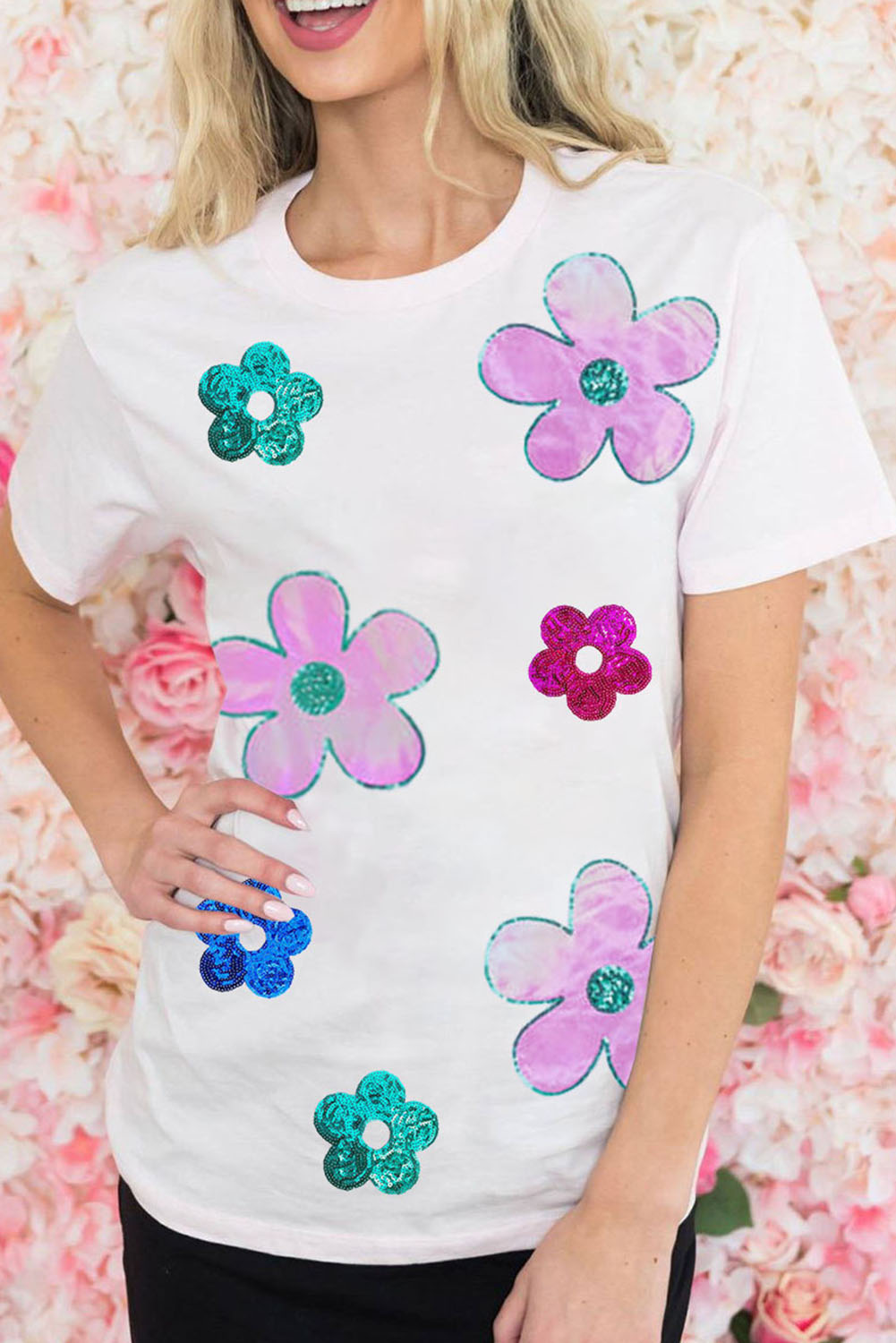 White Sequined Flower Pattern Round Neck T Shirt - loveforevers