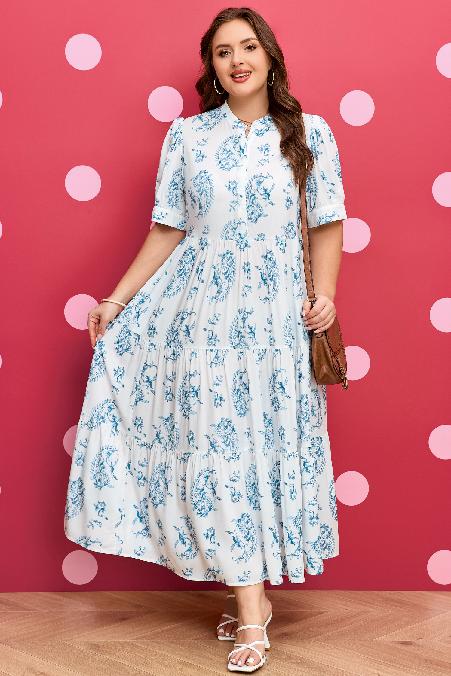 Sky Blue Plus Size Geometric Floral Print Button Split Neck Short Sleeve Maxi Dress - loveforevers