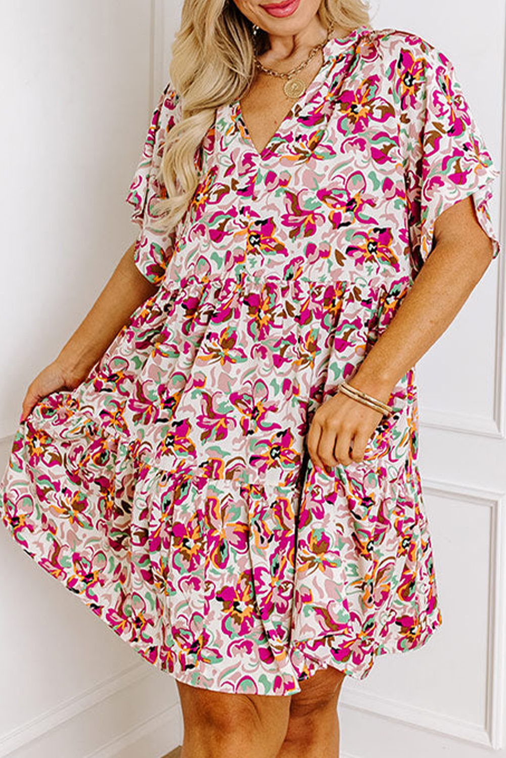 White Abstract Print V Neck Short Sleeve Ruffled Plus Size Mini Dress - loveforevers
