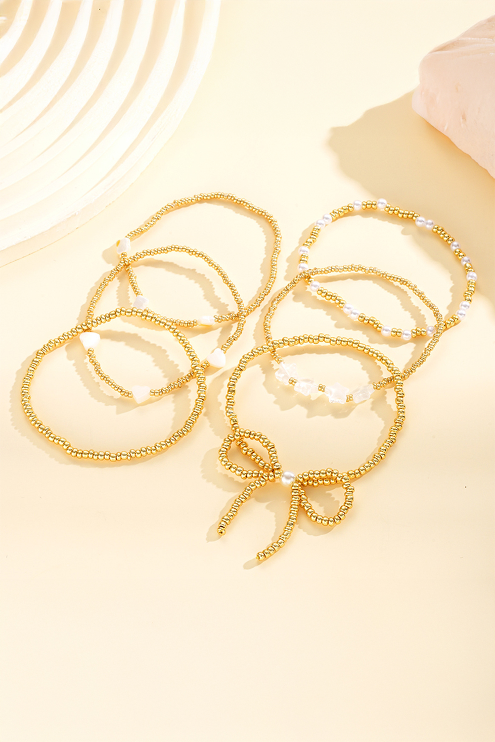 Gold Bow Knot Star Heart Beaded Multi Layer Bracelet - loveforevers