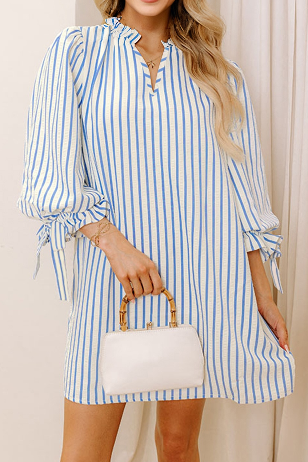 Sky Blue Stripe Knotted Bracelet Sleeve Notched Neck Shift Mini Dress - loveforevers