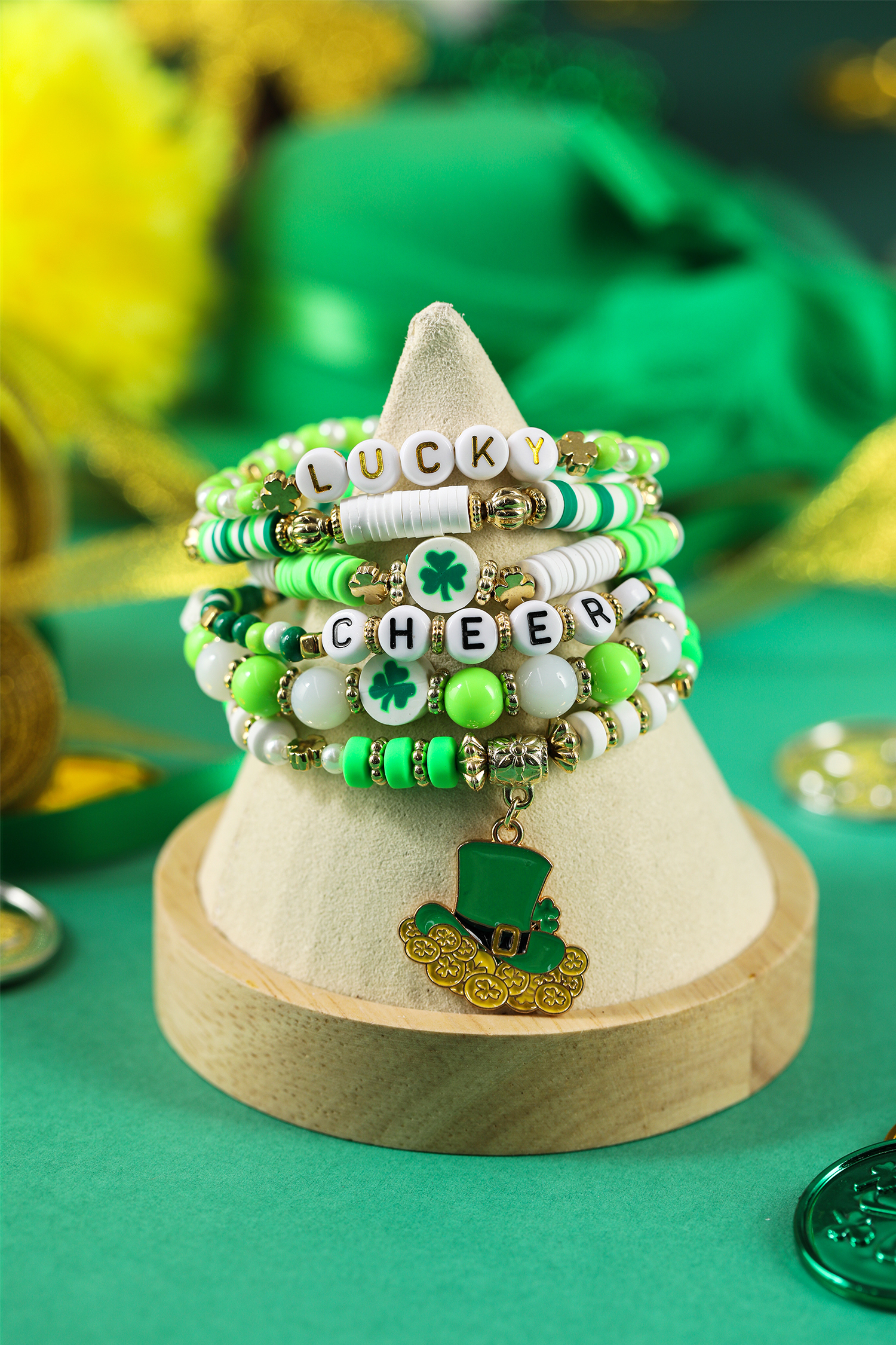 Green LUCKY CHEERS St Patricks Day Multilayered 6pcs Bracelet Set - loveforevers