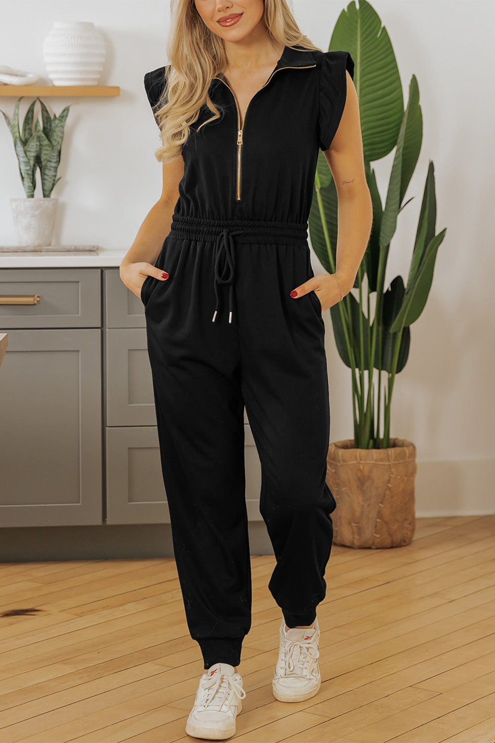 Black Zipper Flutter Sleeve Drawstring Elastic Waistband Jumpsuit - loveforevers