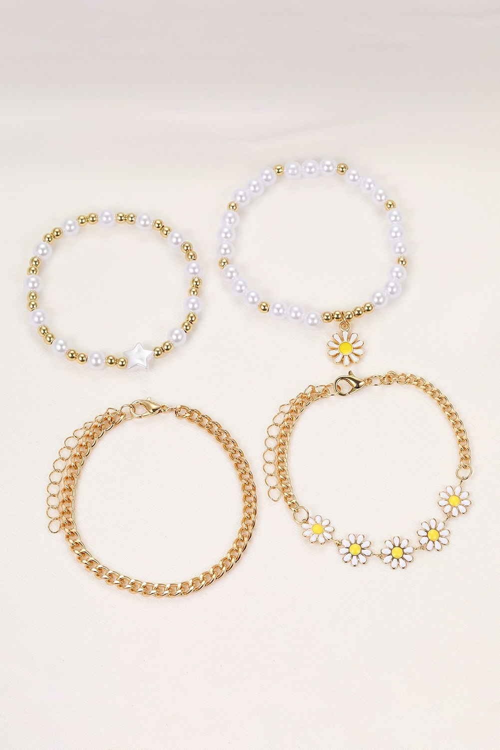 White 4pcs Daisy Pearl Beaded Chain Bracelet Set - loveforevers