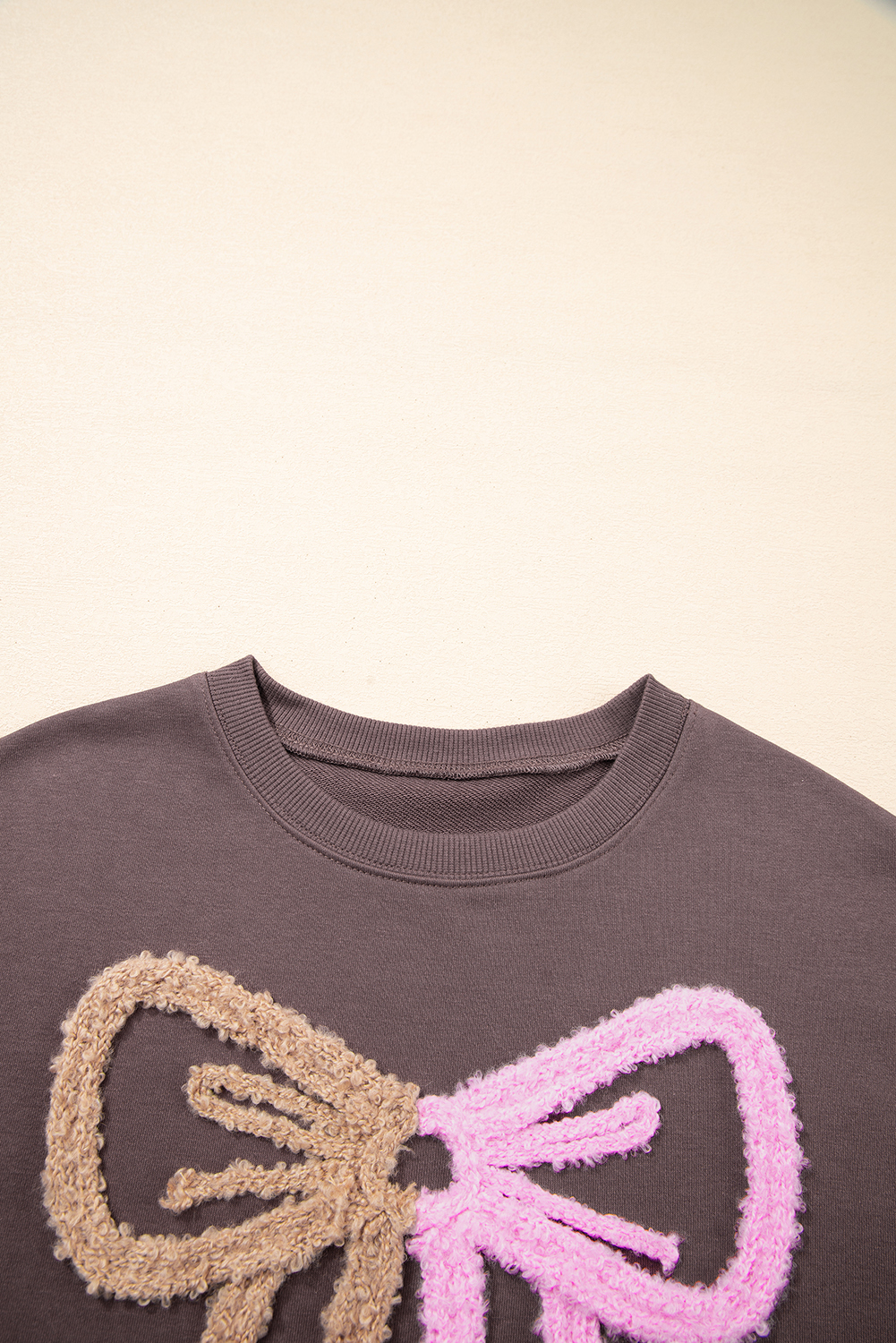 Dark Khaki Contrast Terry Bow Pattern Drop Shoulder Sweatshirt - loveforevers
