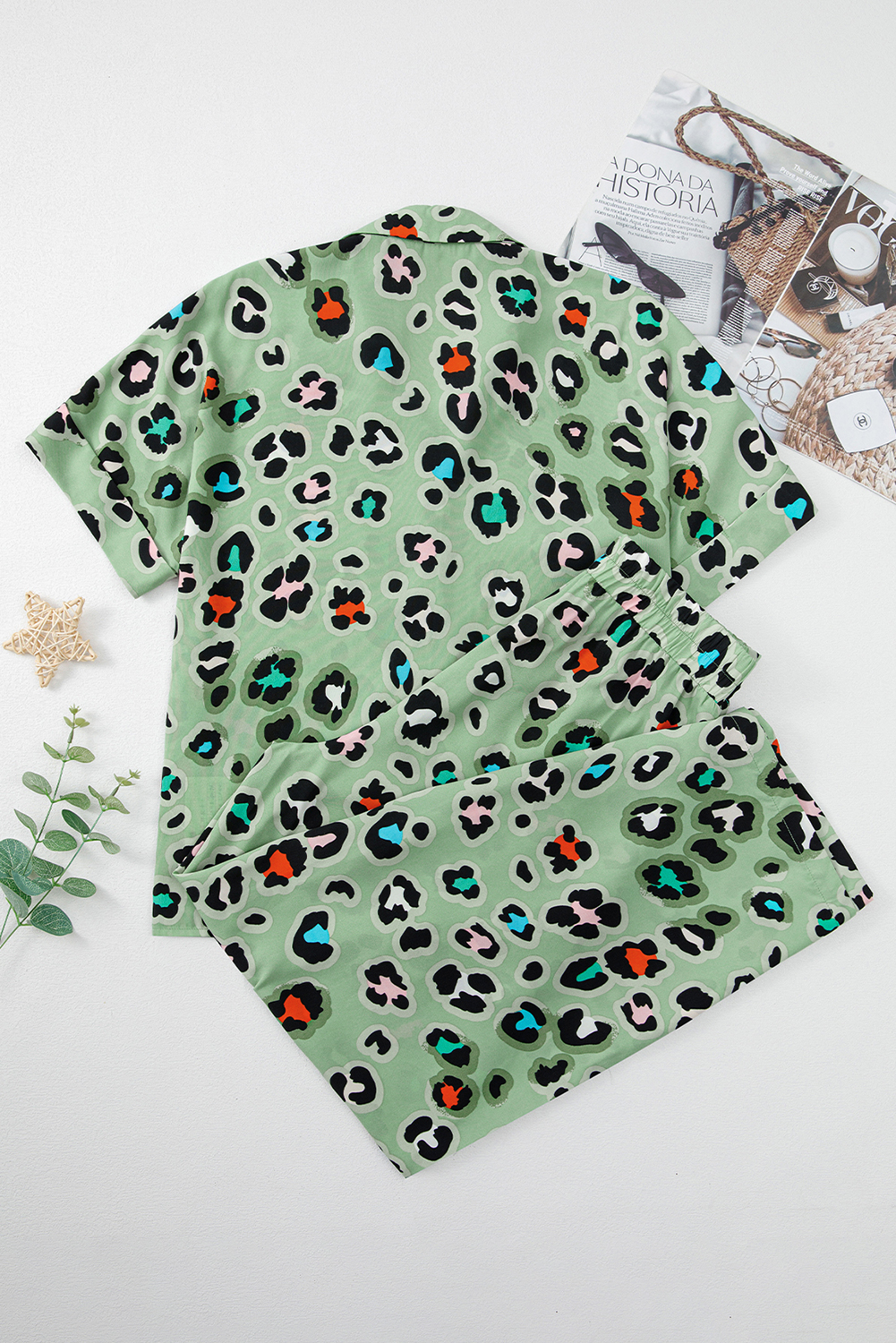 Green Leopard Print Short Sleeve Shirt and Wide Leg Pants Set - loveforevers