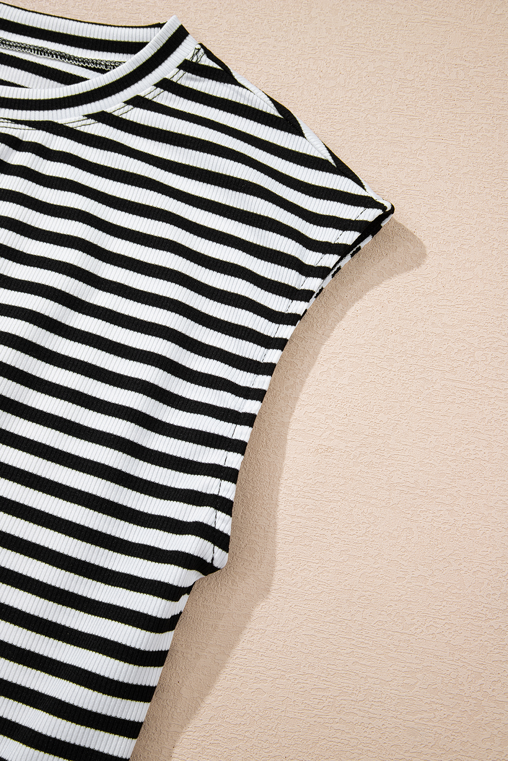 Sky Blue Stripe Ribbed Cap Sleeve Round Neck T Shirt - loveforevers
