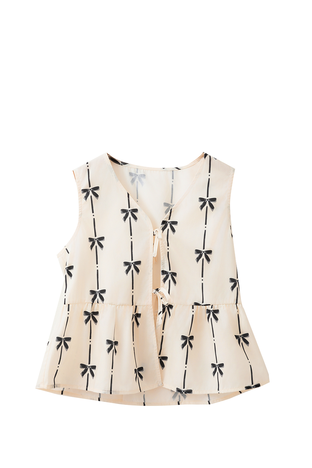 White Bow Printed Tie Closure Ruffled Vest - loveforevers