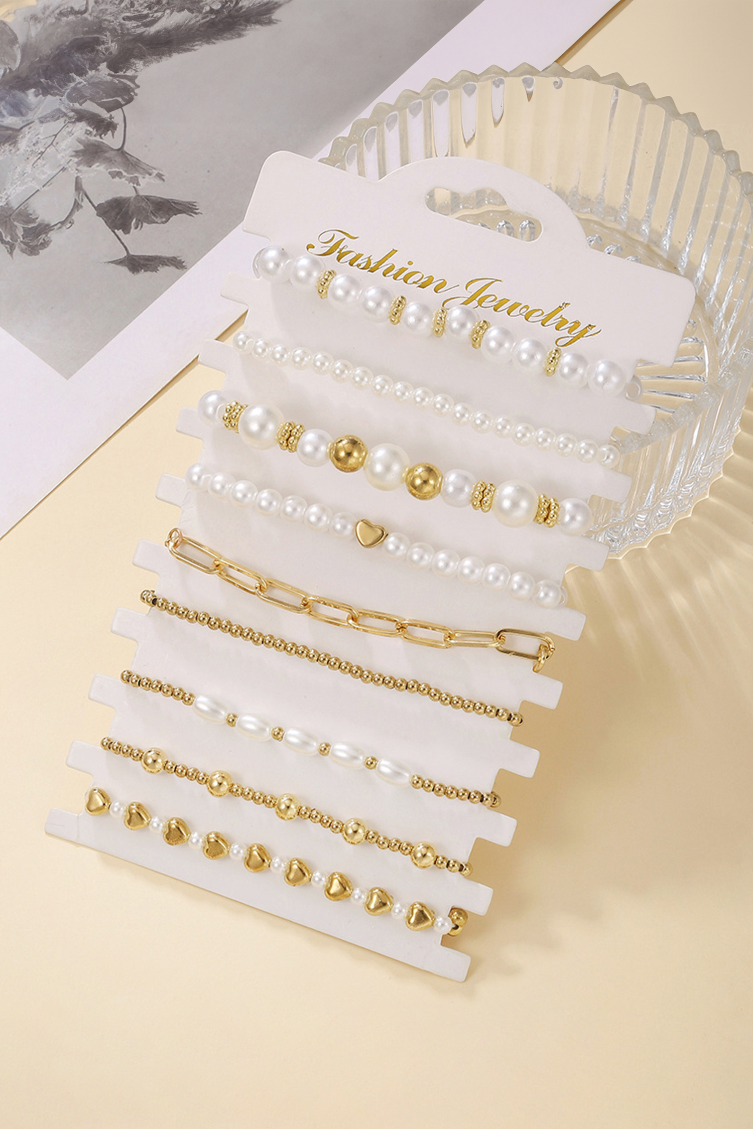 Gold 9-Piece Mixed Faux Pearl Bead Stretch Bracelet Set - loveforevers