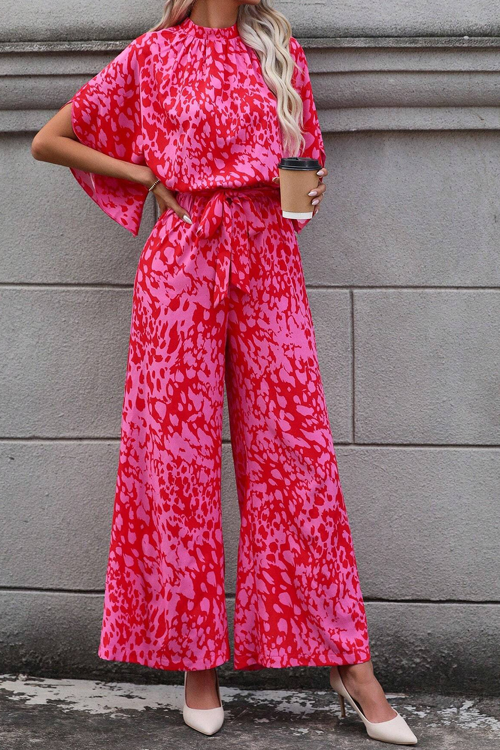 Rose Leopard Loose Sleeve Belted Wide Leg Jumpsuit - loveforevers
