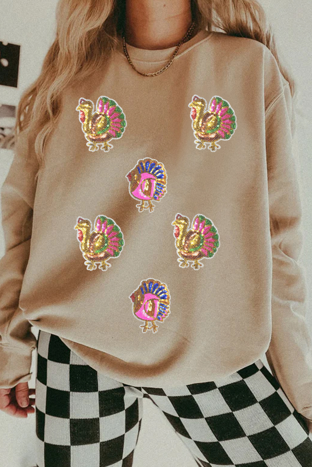 Khaki Sequin Thanksgiving Turkey Graphic Baggy Sweatshirt - loveforevers