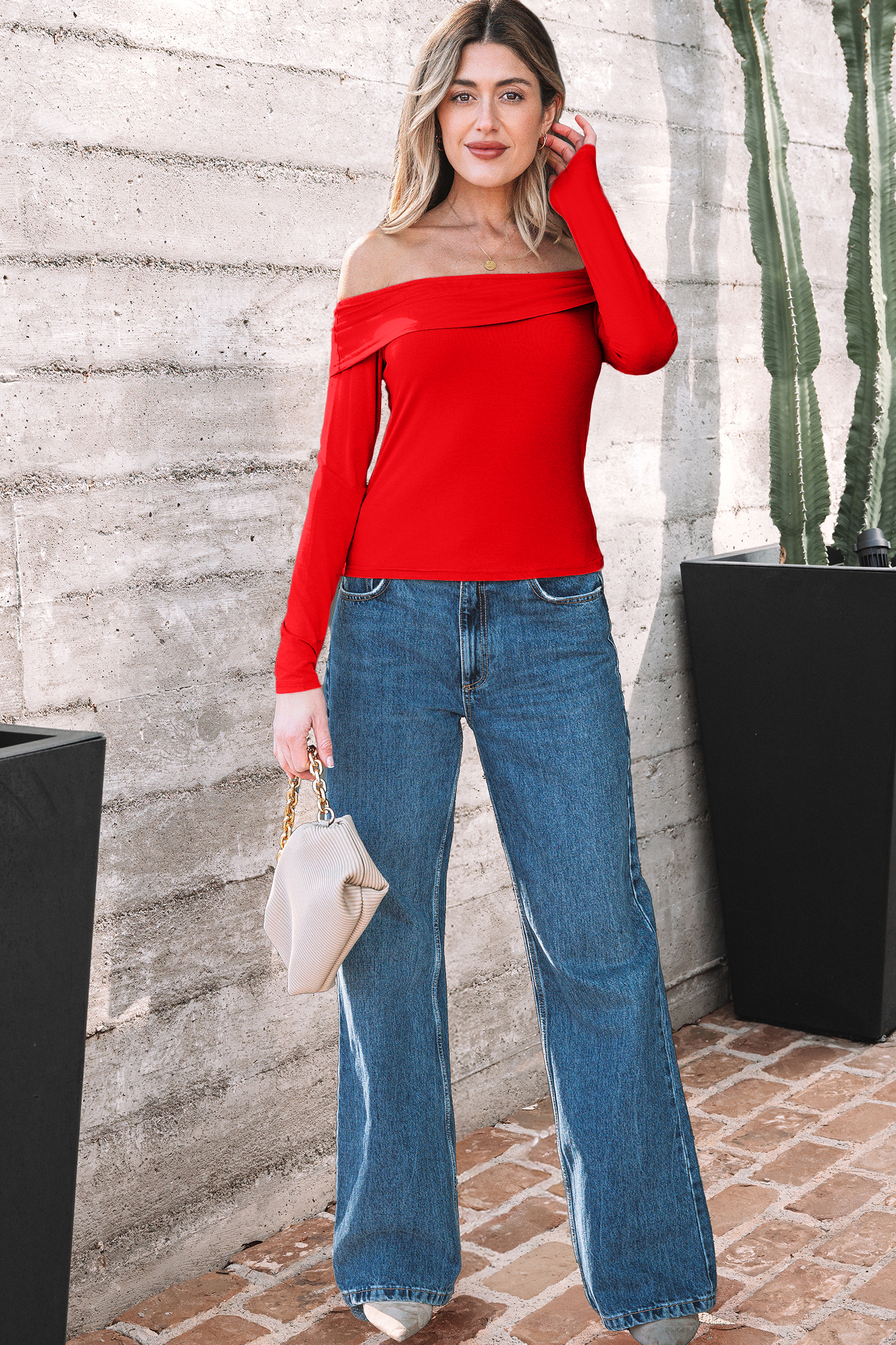 Fiery Red Foldover Off Shoulder Long Sleeve Slim Top - loveforevers