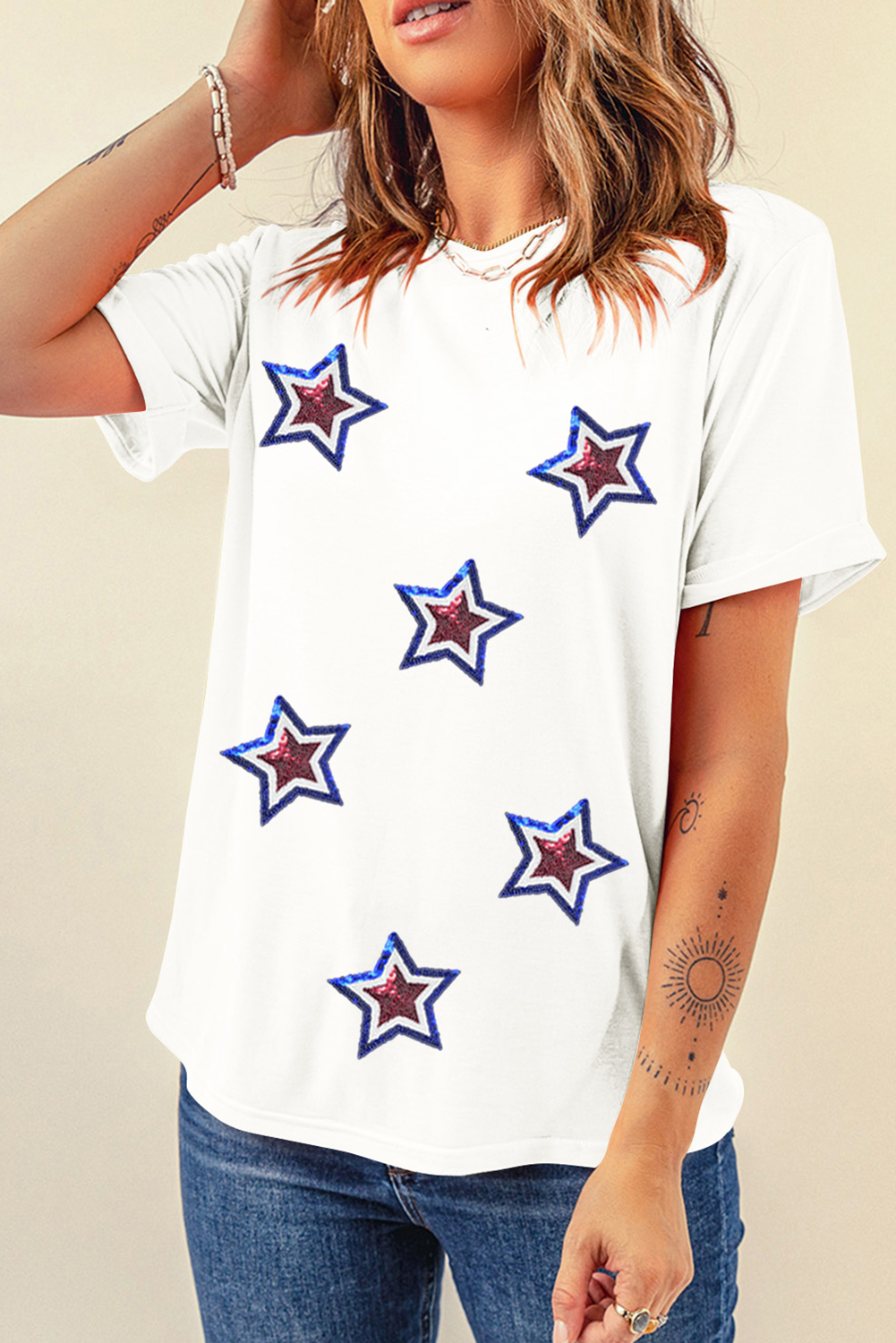 White Independence Day Sequin Star Patched T Shirt - loveforevers