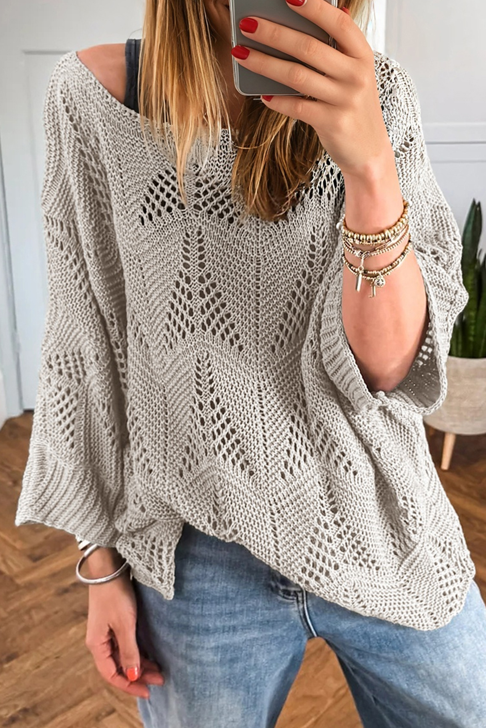 Navy Blue Hollow Out Knit 7/8 Sleeve Casual Sweater - loveforevers
