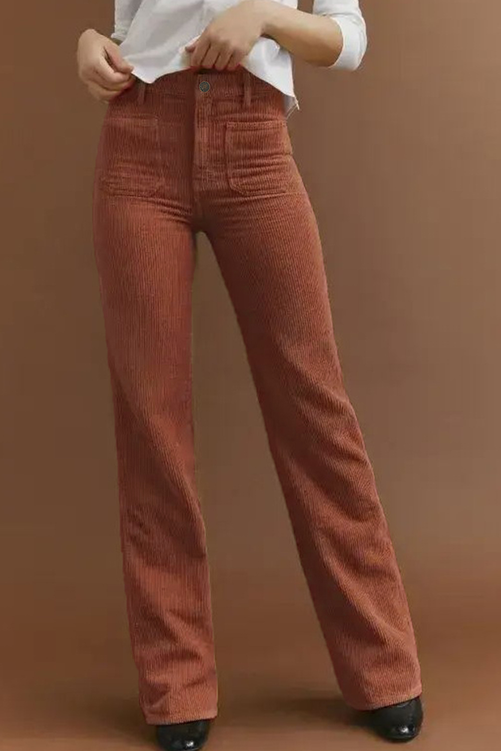 Brown High Waist Square Pockets Corduroy Pants - loveforevers