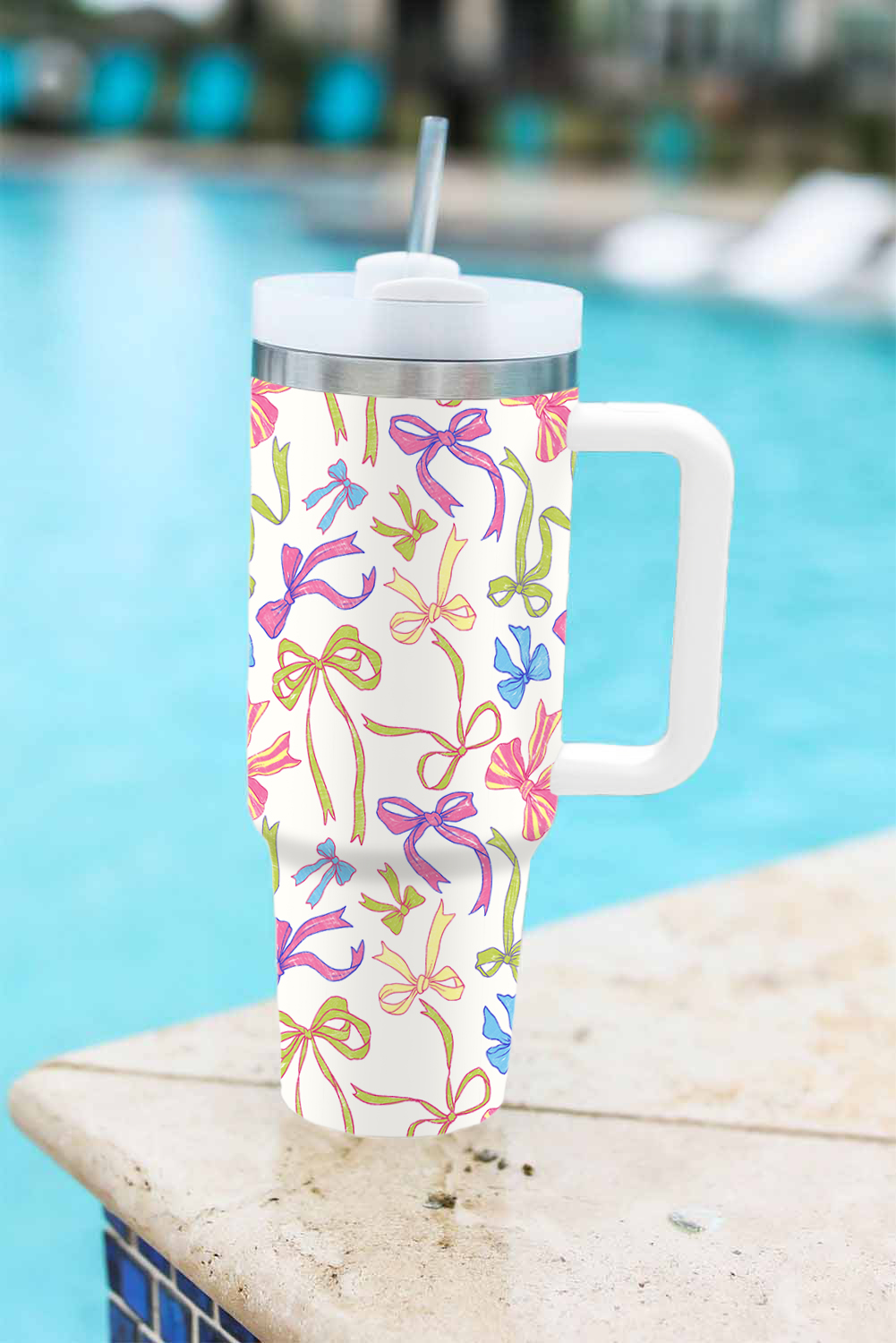White Bow Knot Print Large Stainless Steel Vacuum Cup 40oz - loveforevers
