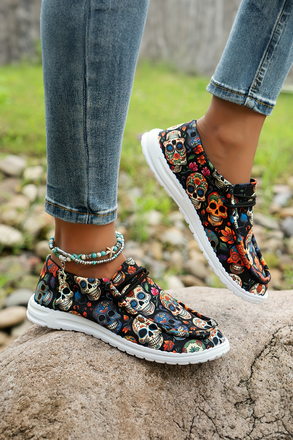 Dark Blue Sugar Skull Print Lace-up Detail Halloween Flat Shoes - loveforevers