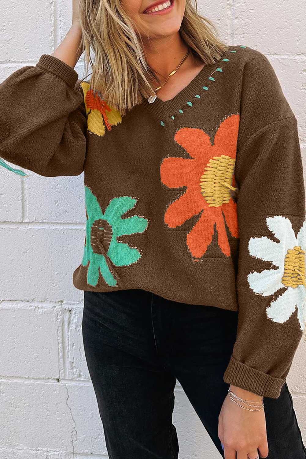 Coffee Big Flower Pattern V Neck Drop Shoulder Sweater - loveforevers