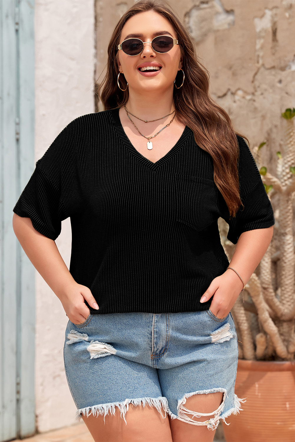 Black Textured V-Neck Dropped Shoulder Plus T-Shirt - loveforevers
