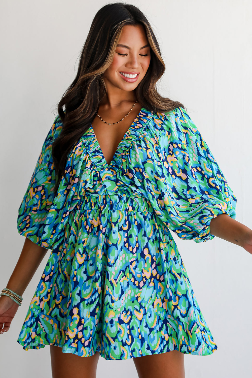 Green Abstract Print Puff Sleeve V Neck High Waist Romper - loveforevers