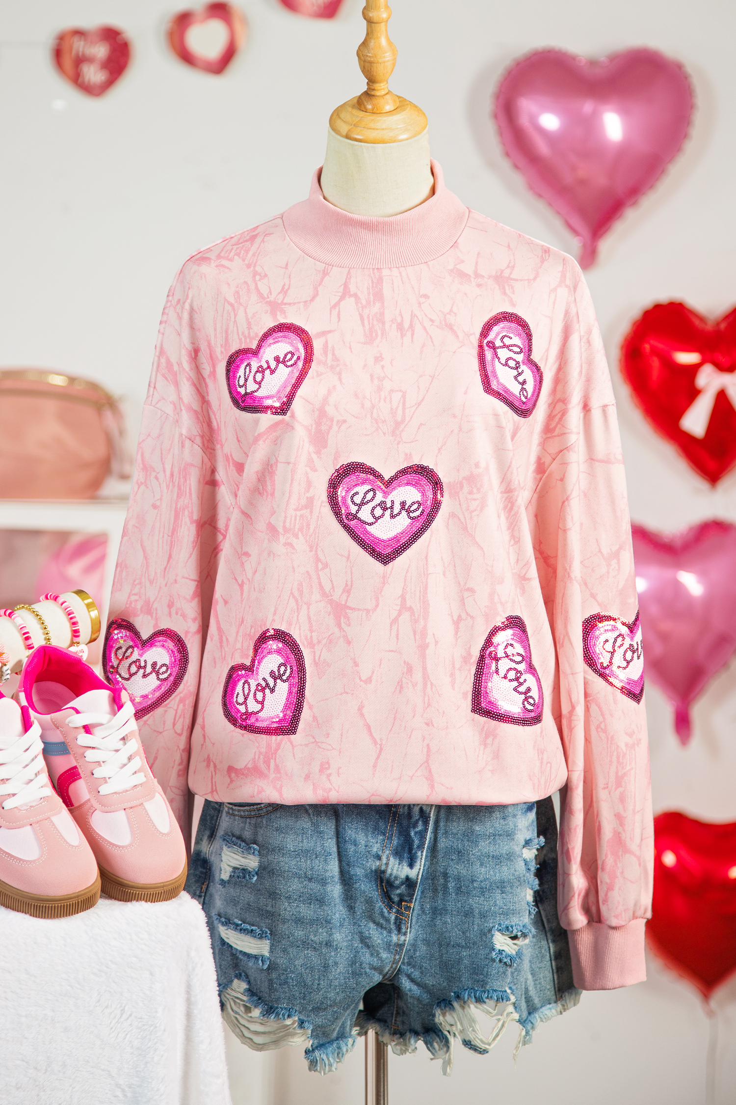 Pink Tie Dye Camo Sequin Love Heart Patched Mock Neck Sweatshirt - loveforevers