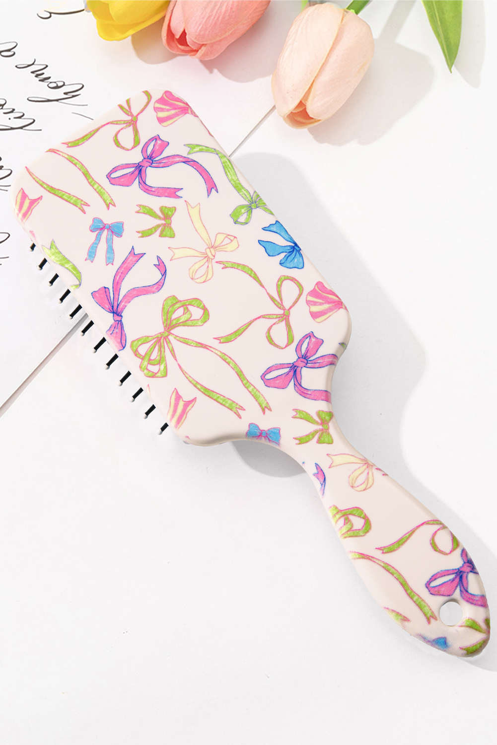 White Multi Ribbon Bow Print Air Cushion Comb - loveforevers