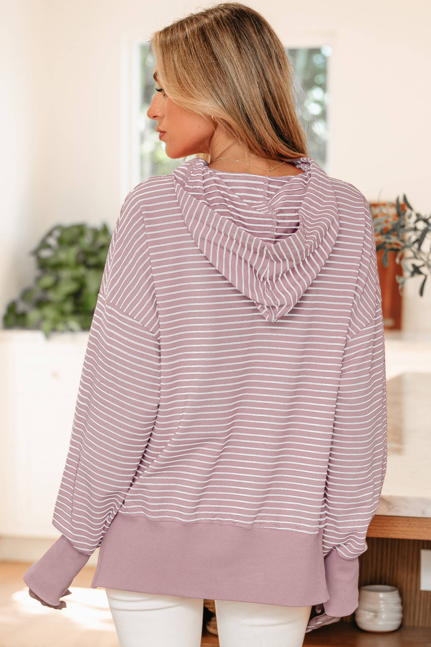 Purple Stripe Thumbhole Side Slits Drop Shoulder Loose Fit Hoodie - loveforevers
