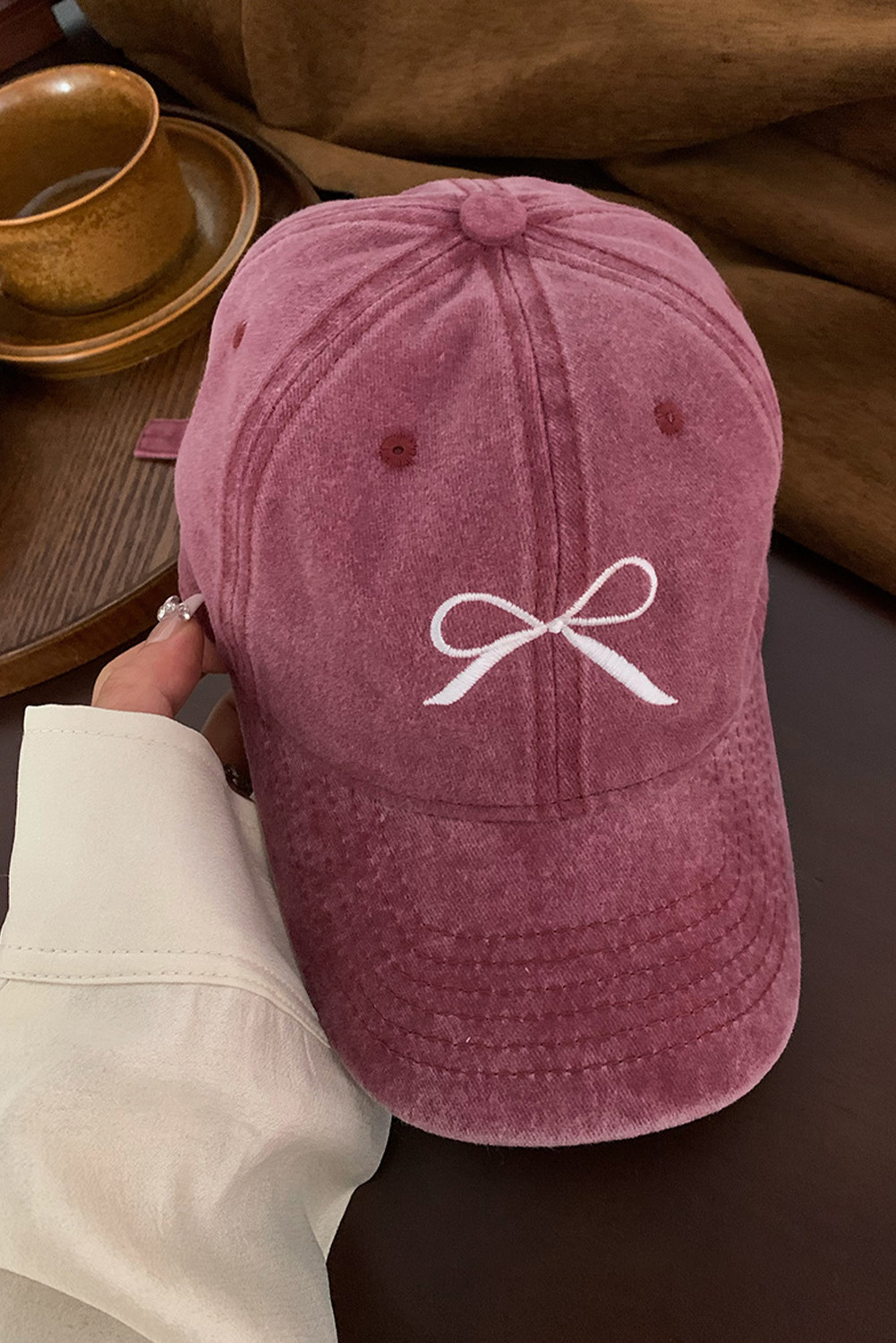 Rose Pink Embroidered Bow Knot Denim Baseball Cap - loveforevers