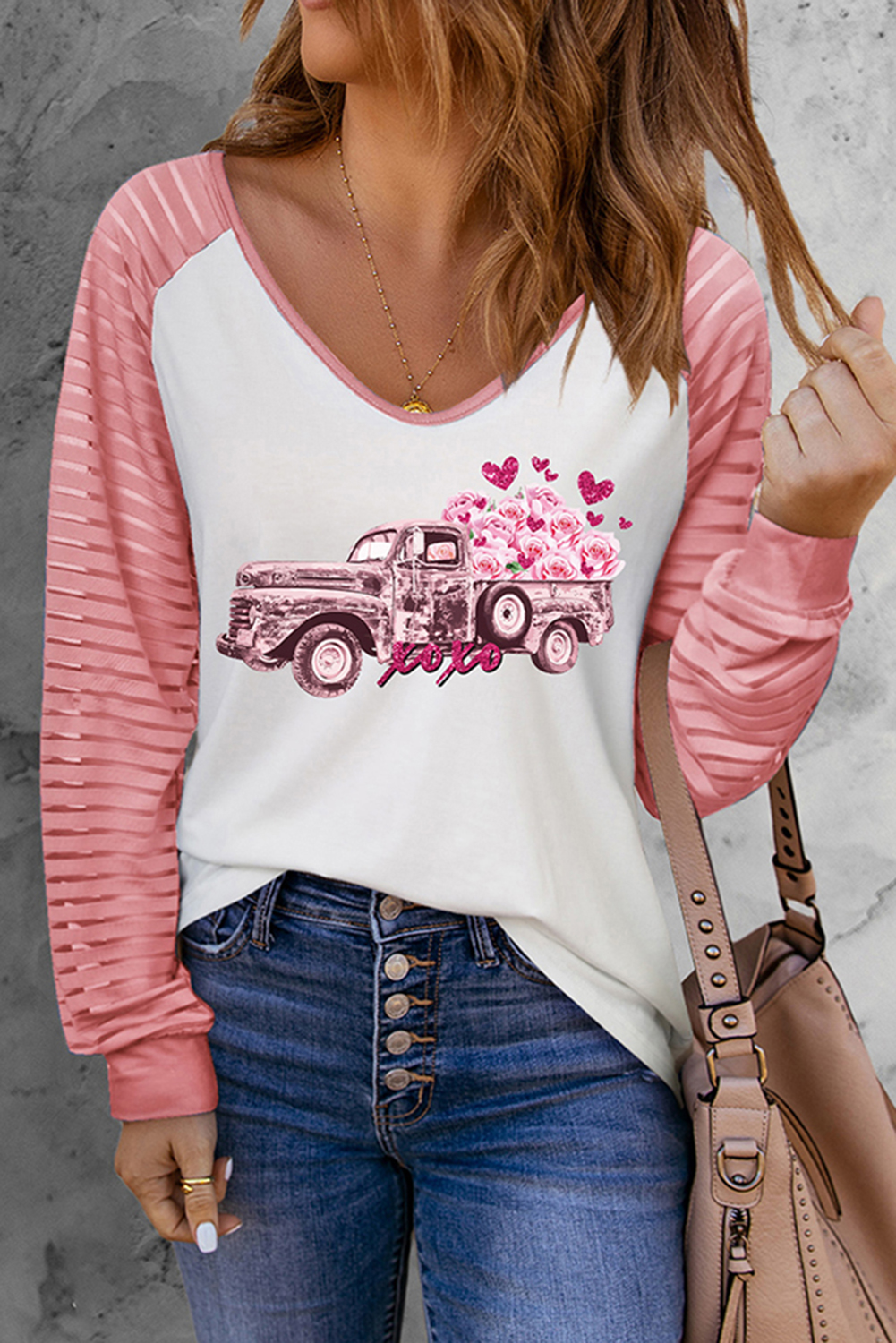Pink Valentines Flower Car Graphic Striped Long Sleeve Top - loveforevers