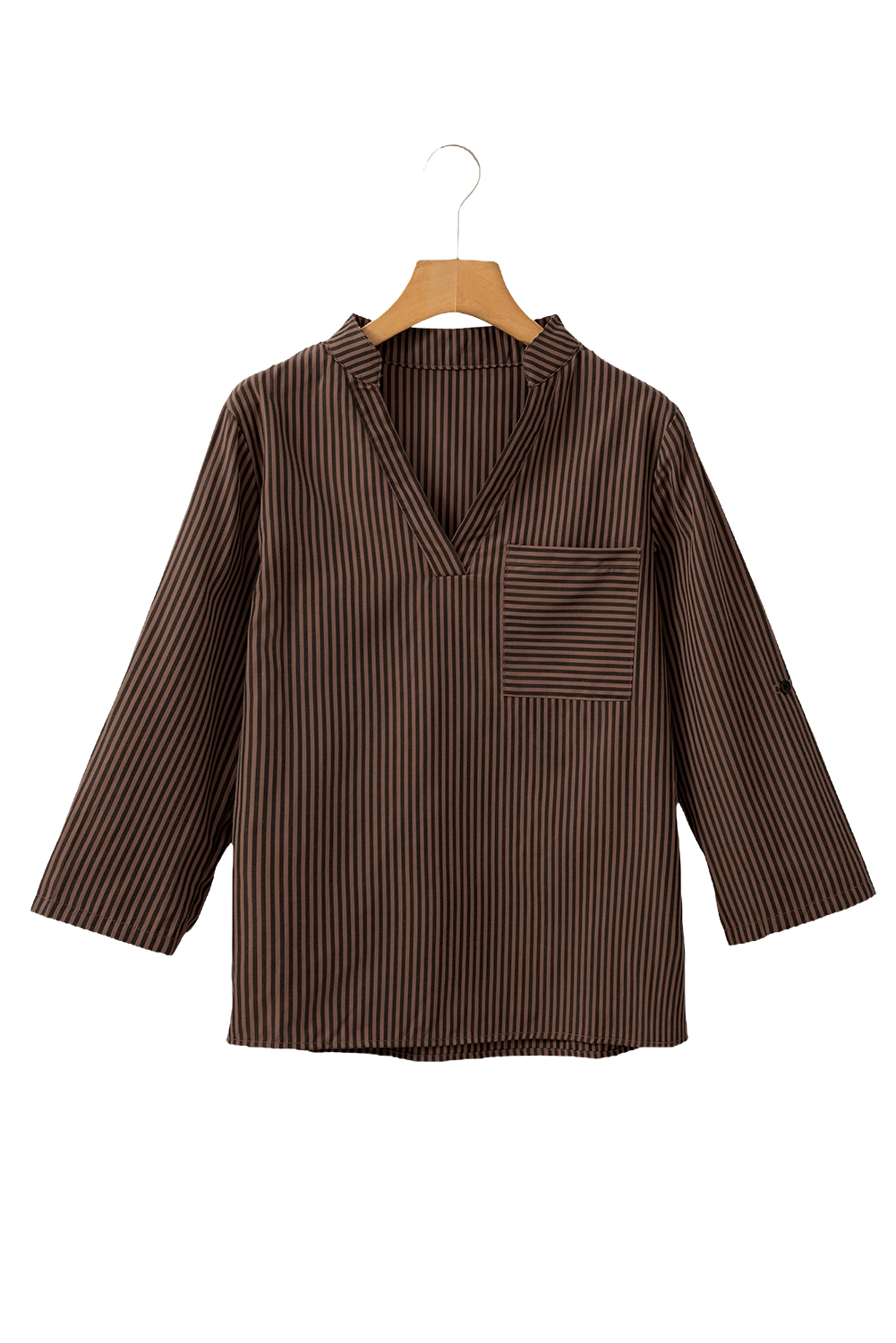 Brown Stripe V Neck Roll Up Sleeve Pocket Patched Classic Shirt - loveforevers