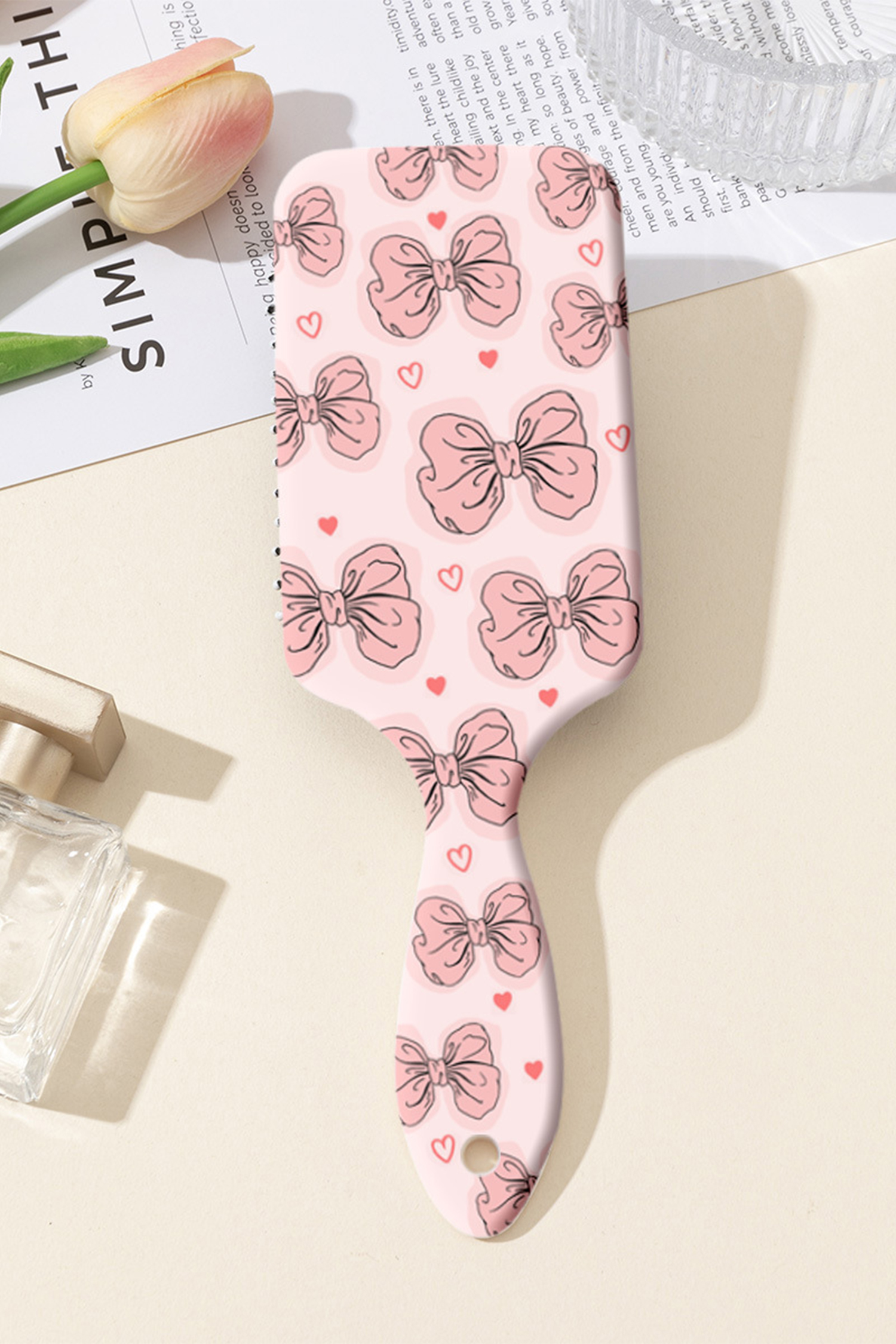 Pink Cute Bow Tiny Heart Printed Air Cushion Comb - loveforevers