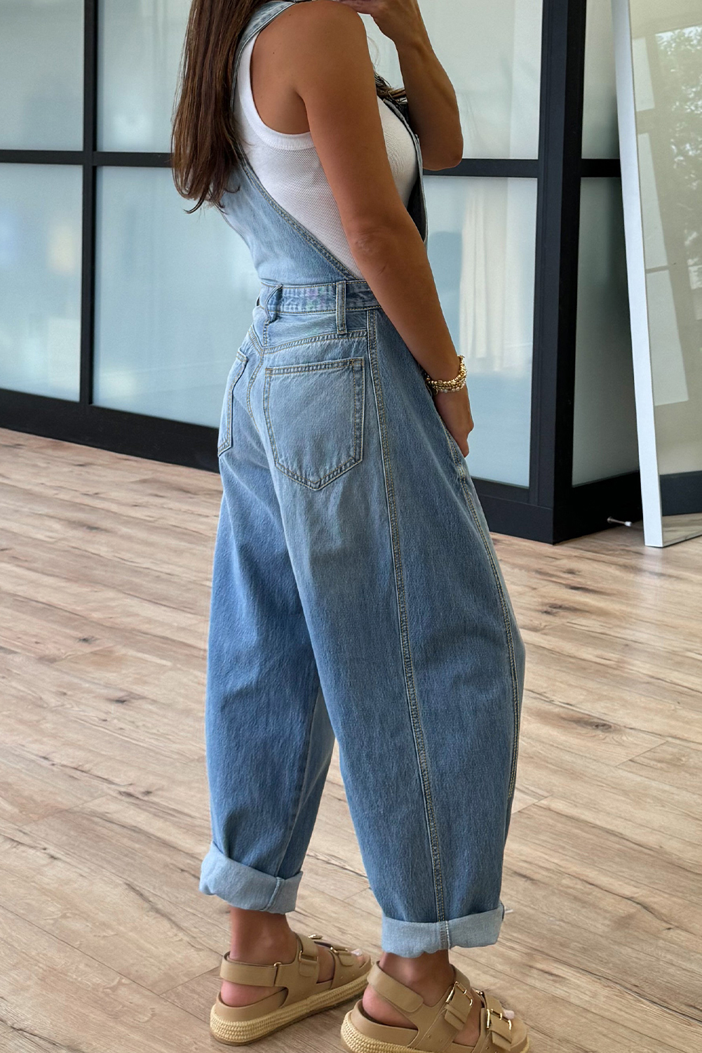 Dusk Blue Adjustable Buckle Barrel Denim Overalls - loveforevers